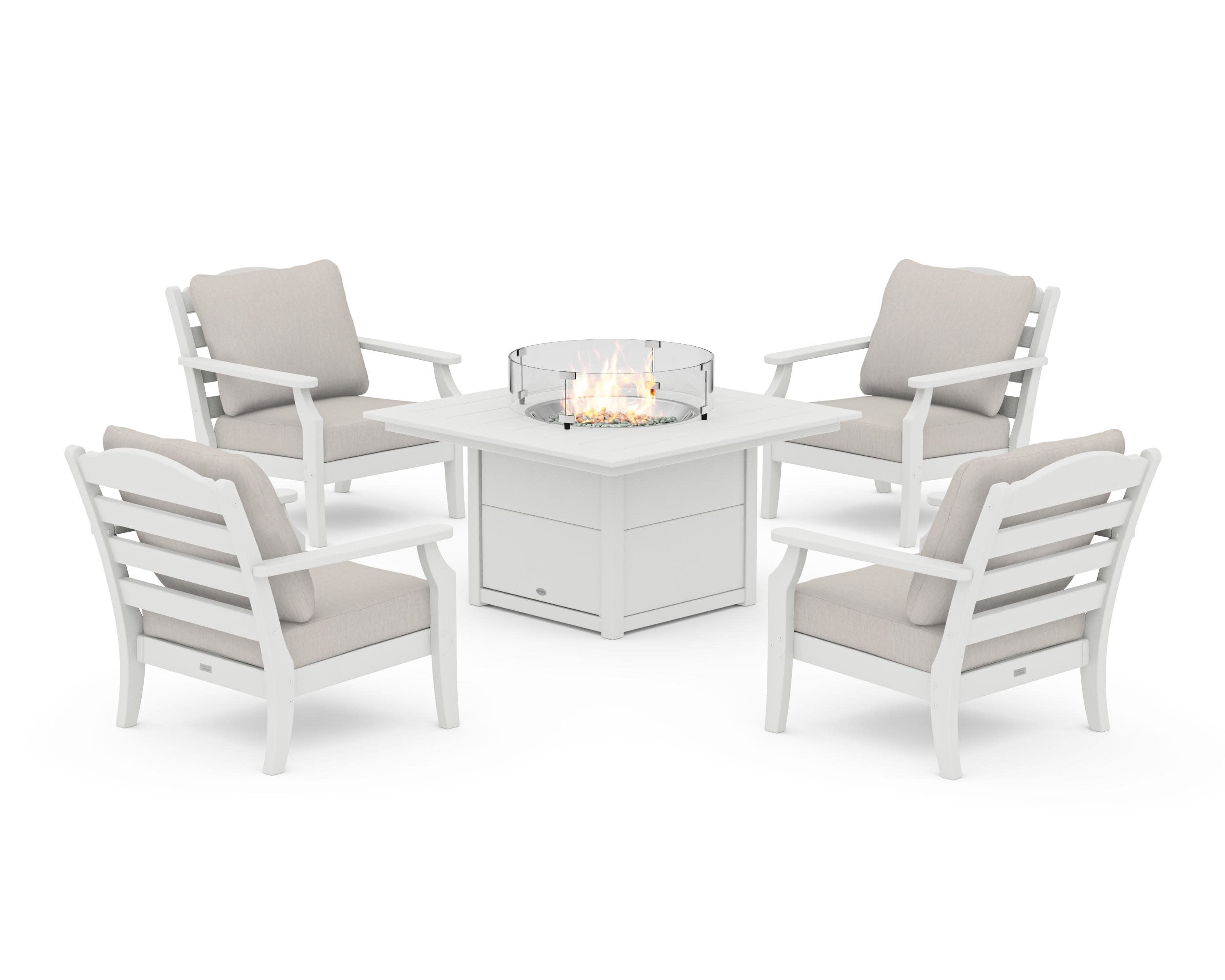 Savannah 5-Piece Deep Seating Set with Fire Pit Table in Vintage White / Cast Ash