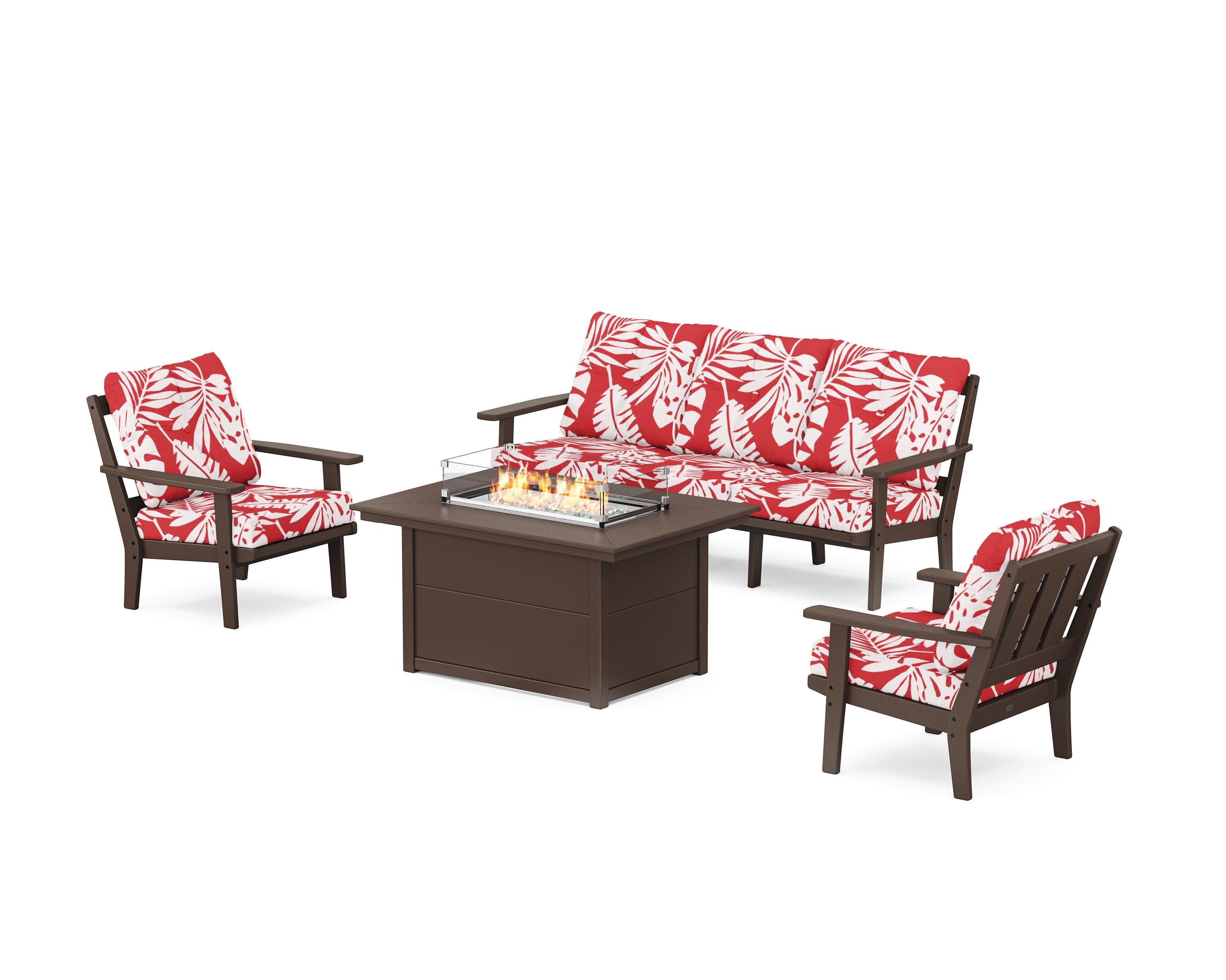 Oxford Deep Seating Fire Pit Table Set in Mahogany / Leaf Crimson