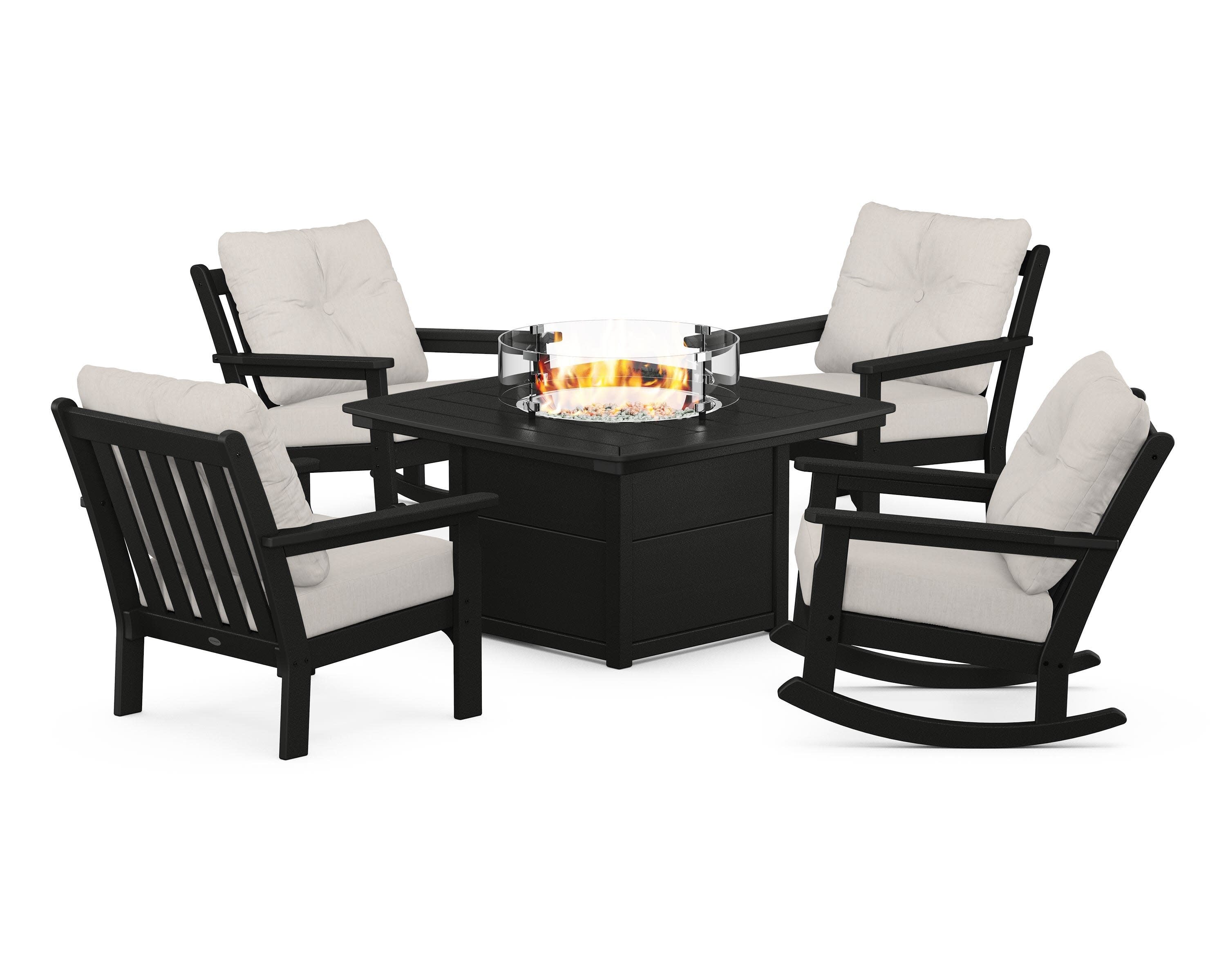 Vineyard 5-Piece Deep Seating Rocking Chair Conversation Set with Fire Pit Table in Black / Cast Ash