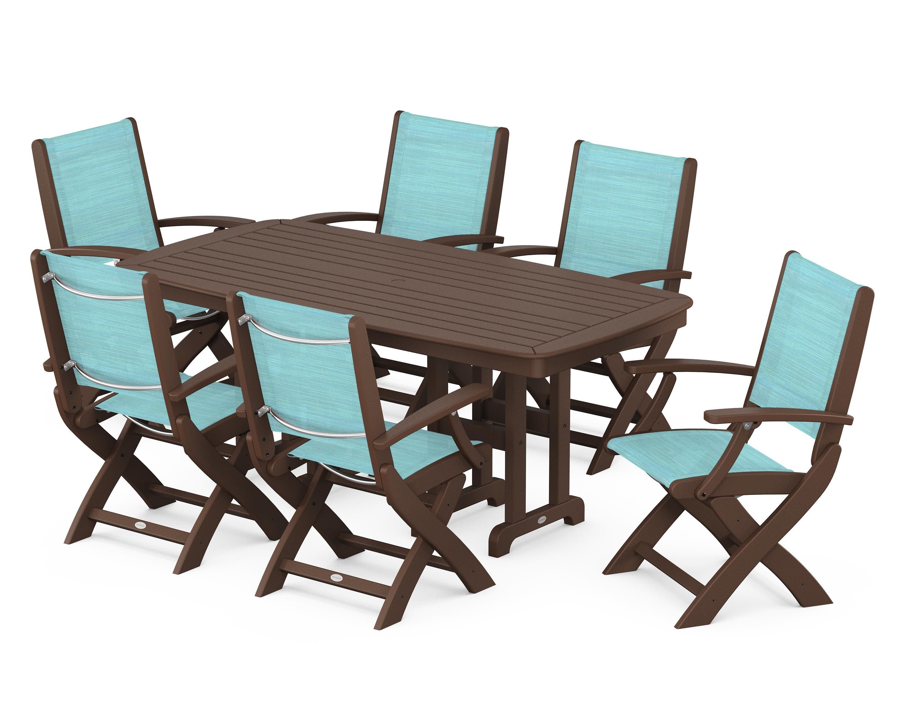Coastal Folding Arm Chair 7-Piece Dining Set in Mahogany / Dupioni Aquamarine Sling