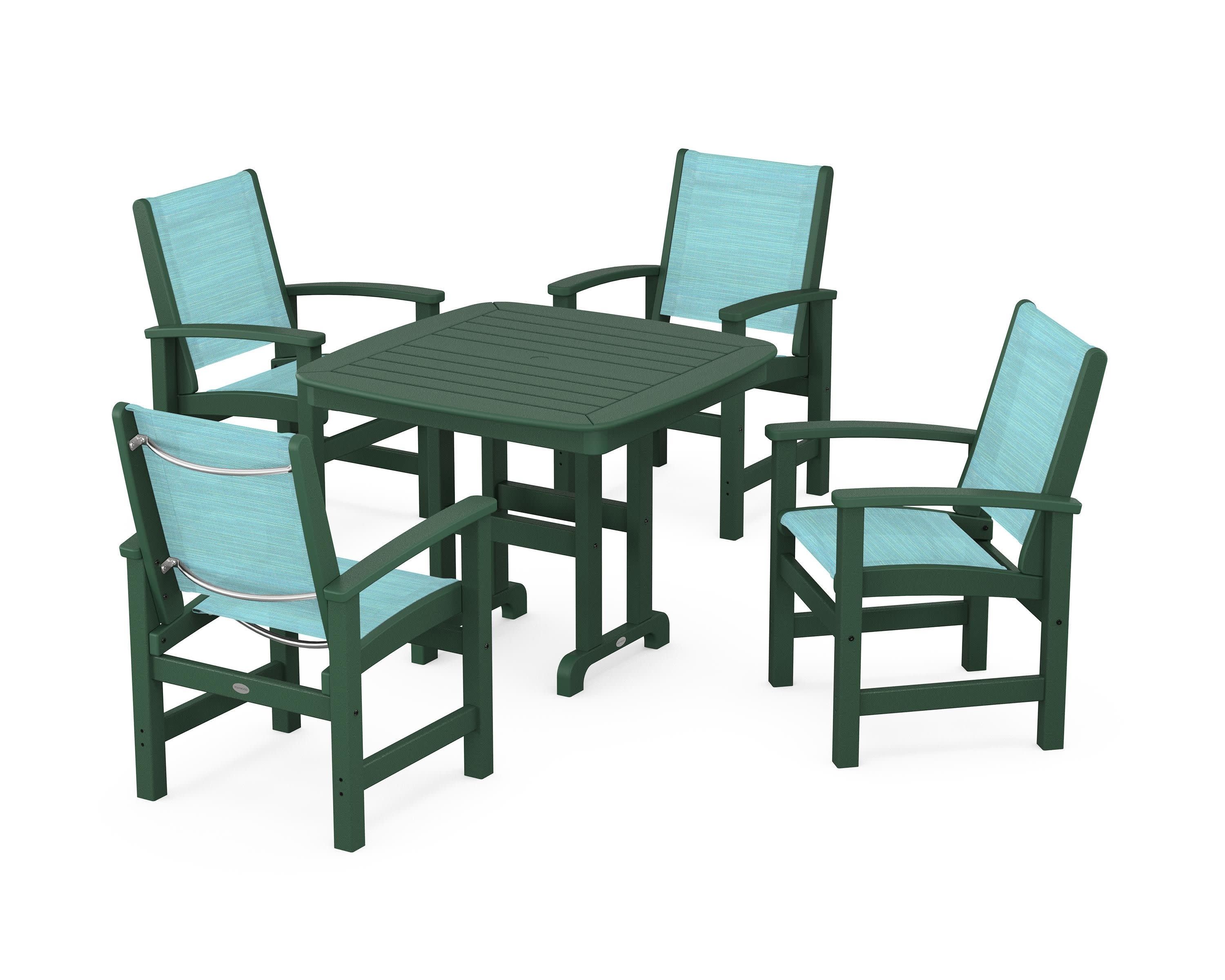 Coastal 5-Piece Dining Set in Green / Dupioni Aquamarine Sling