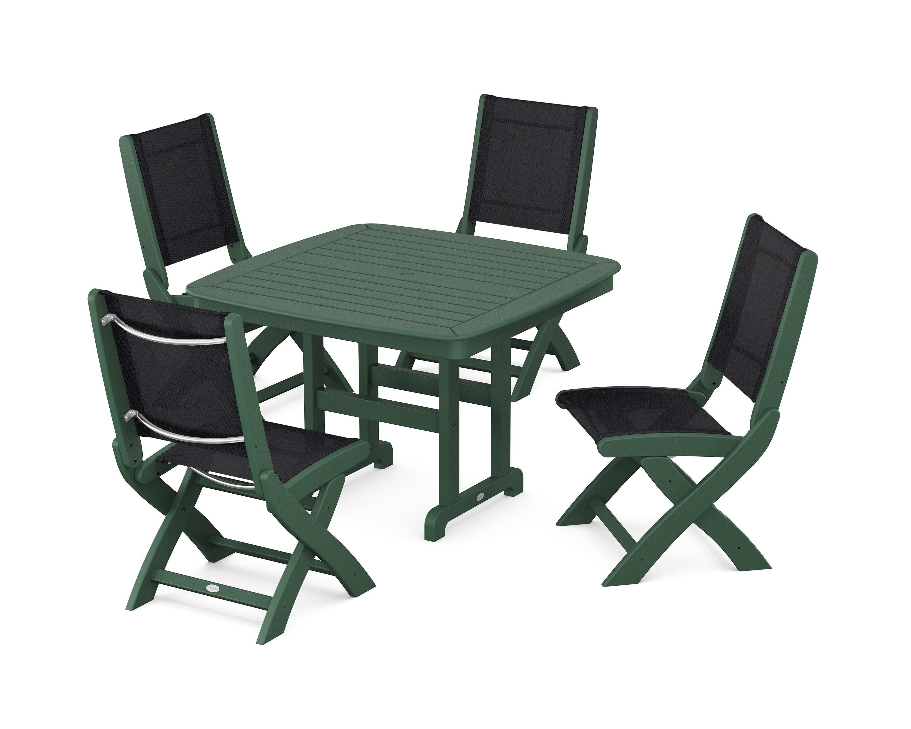 Coastal Folding Side Chair 5-Piece Dining Set in Green / Black Sling
