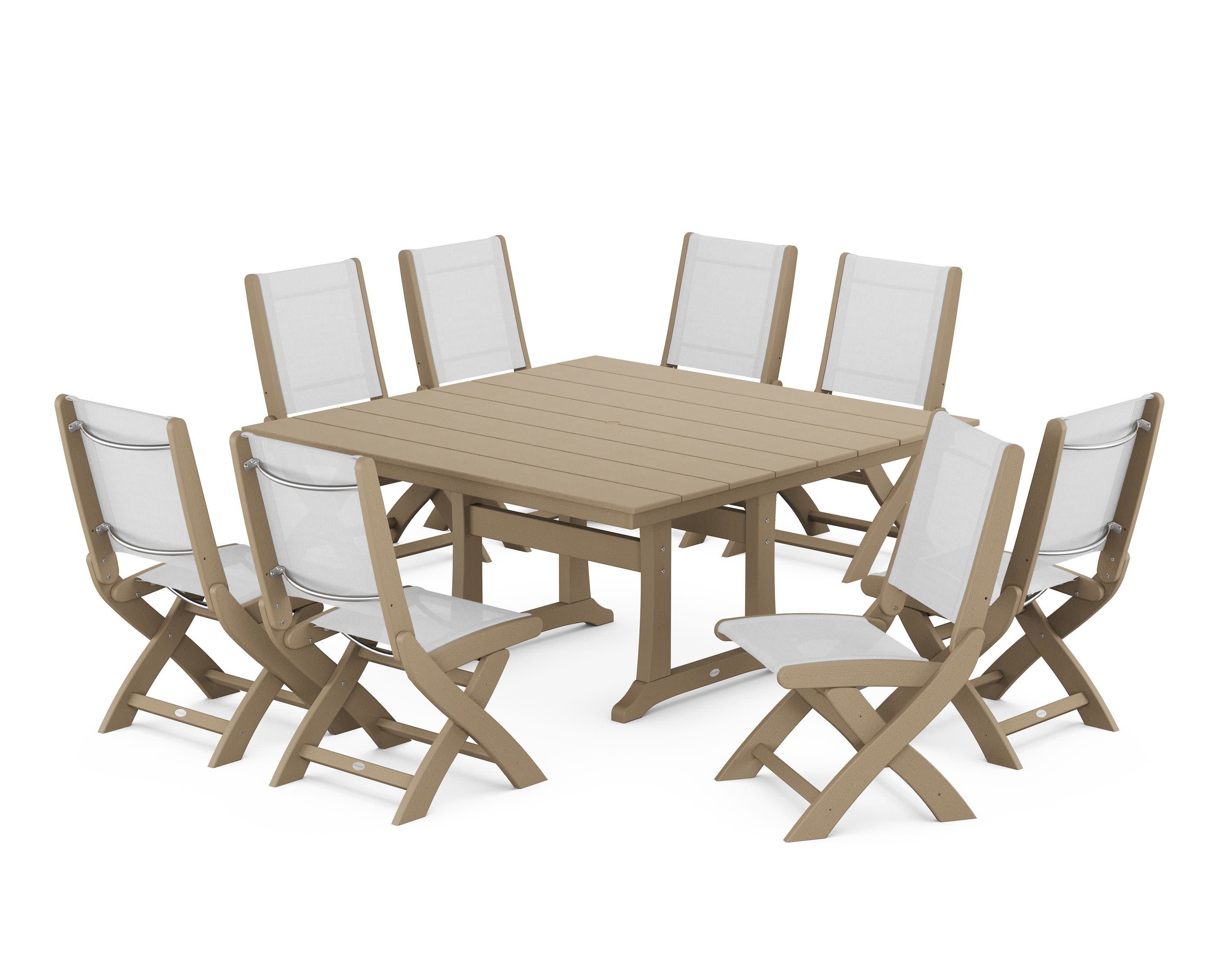 Coastal Folding Side Chair 9-Piece Farmhouse Dining Set in Vintage Sahara / White Sling