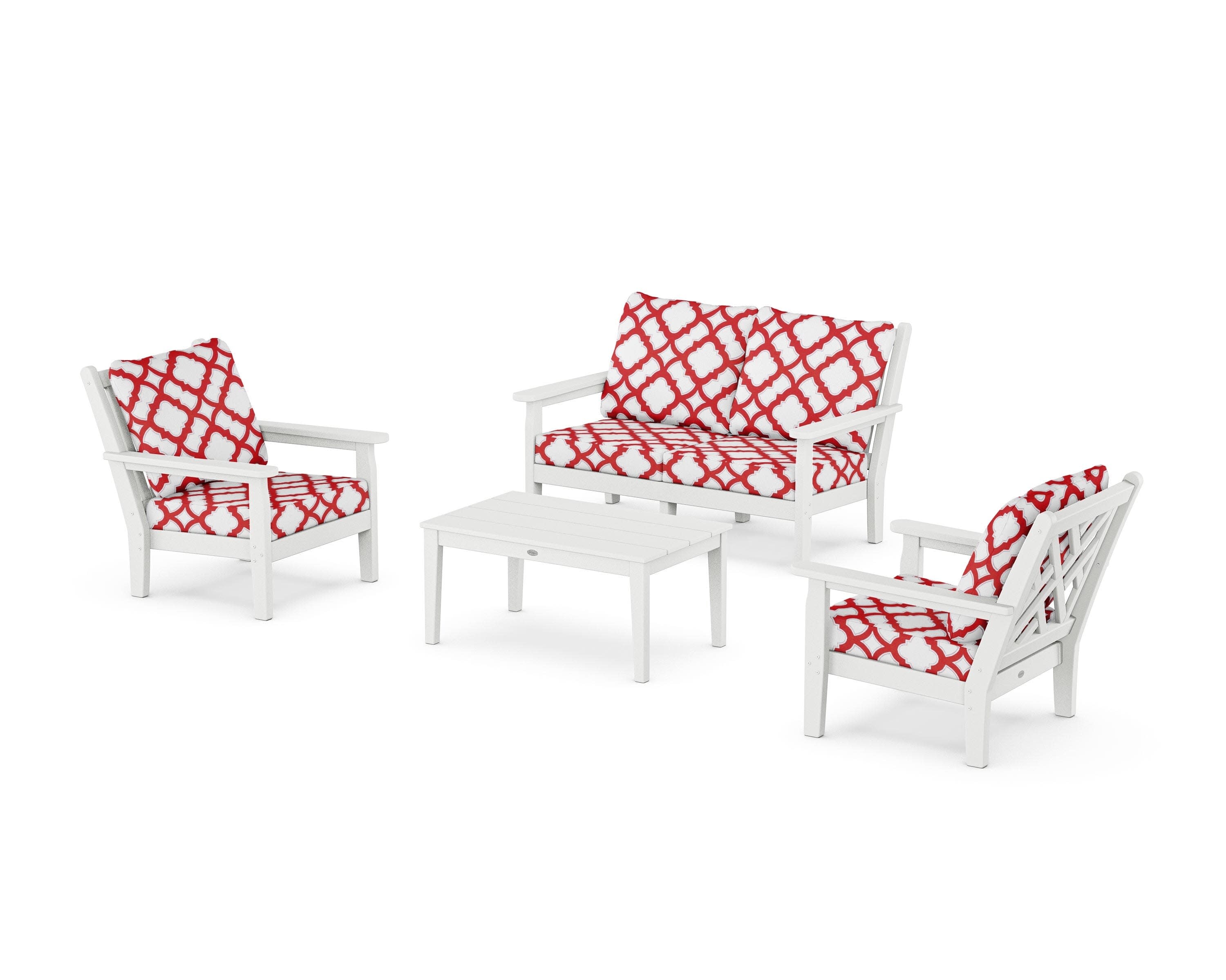 Chippendale 4-Piece Deep Seating Set with Loveseat in White / Trellis Crimson