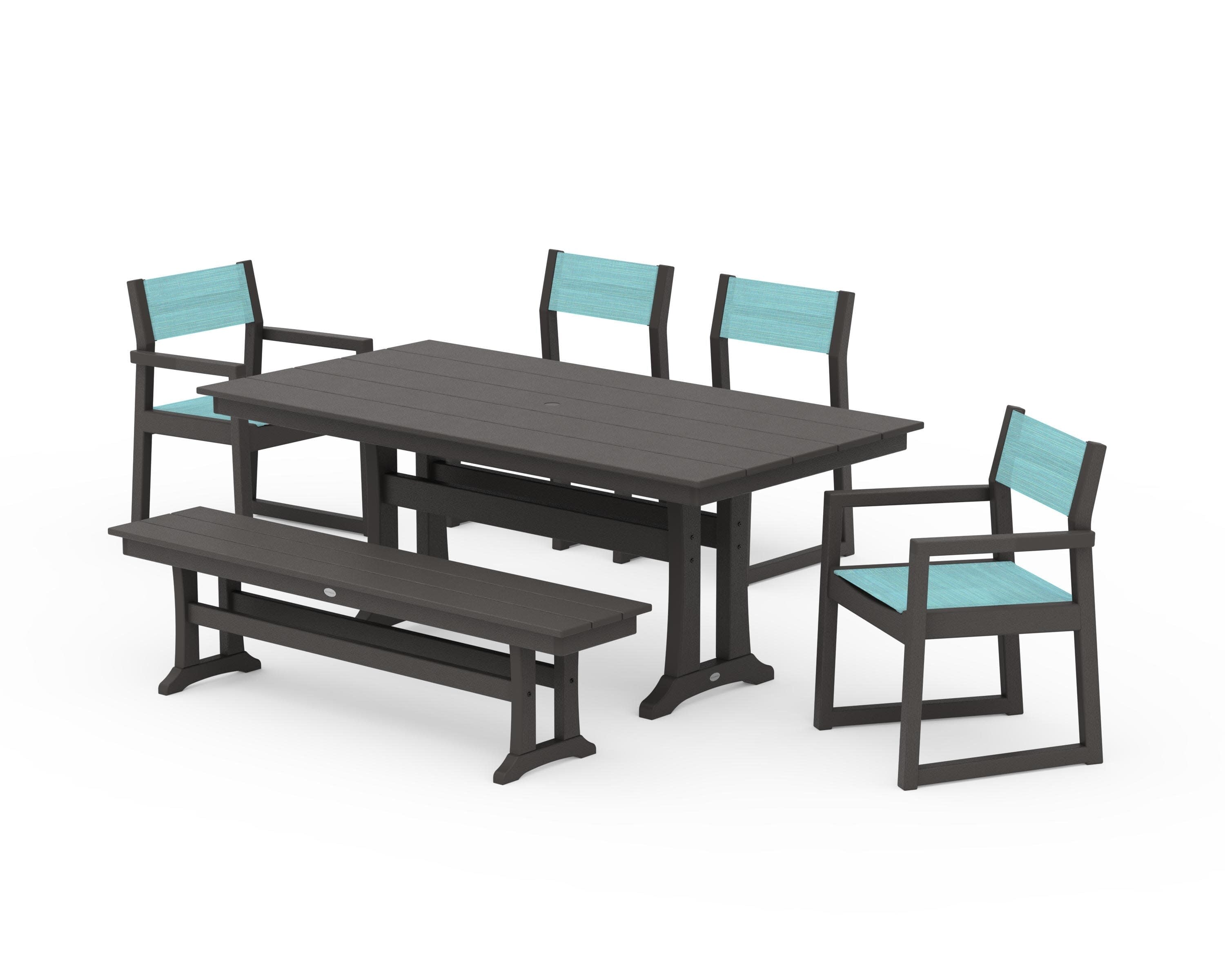 EDGE Sling 6-Piece Farmhouse Dining Set With Trestle Legs in Vintage Coffee / Dupioni Aquamarine Sling