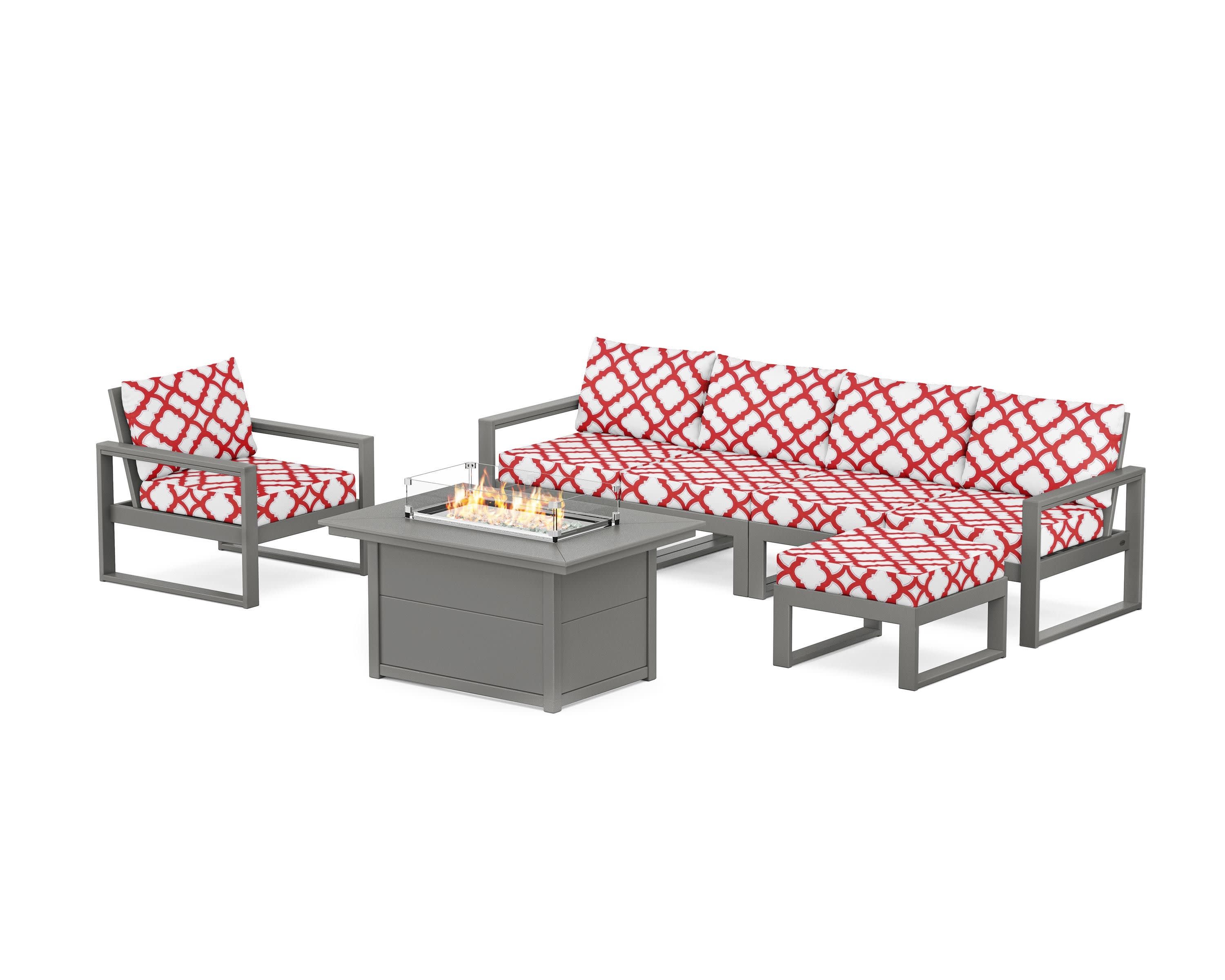 EDGE Sectional Lounge and Fire Pit Set in Slate Grey / Trellis Crimson