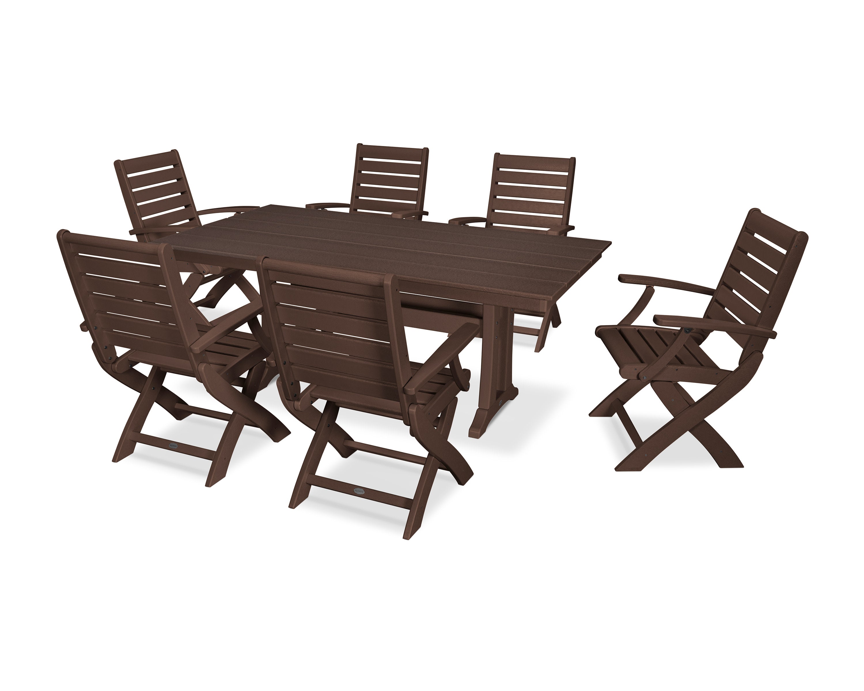 Signature Folding Chair 7-Piece Farmhouse Dining Set with Trestle Legs in Mahogany