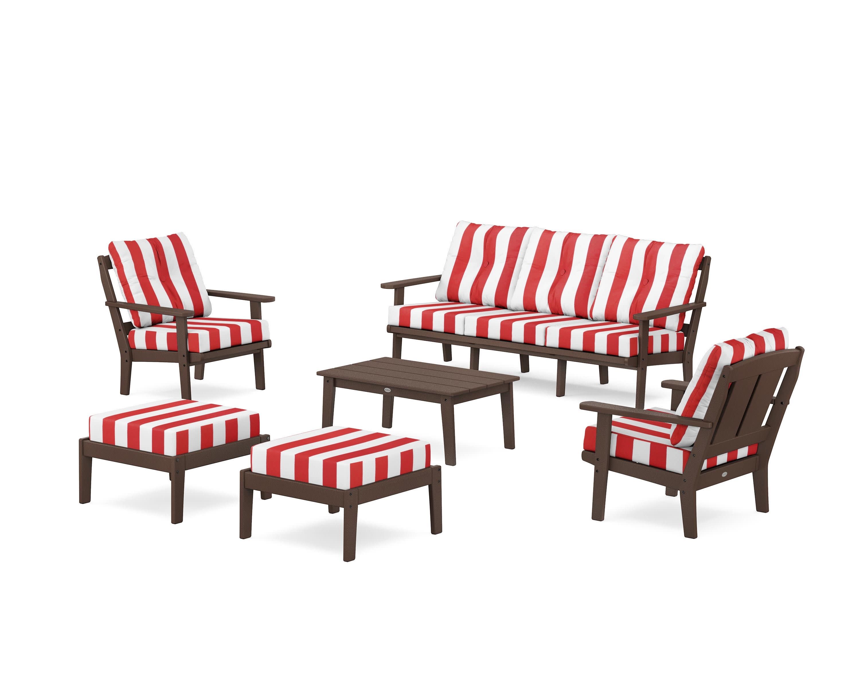 Mission 6-Piece Lounge Sofa Set in Mahogany / Cabana Stripe Crimson