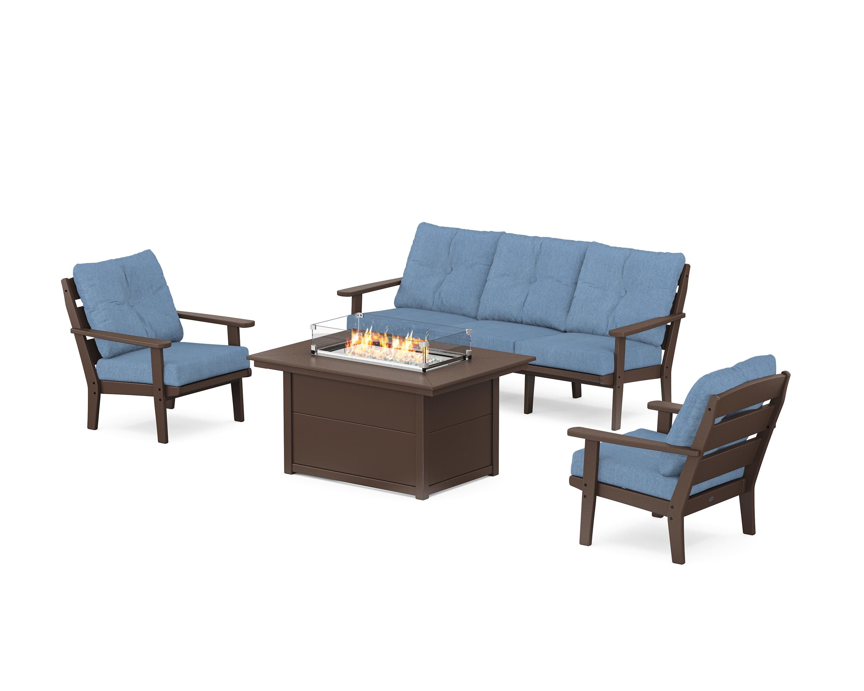 Lakeside Deep Seating Fire Pit Table Set in Mahogany / Sky Blue