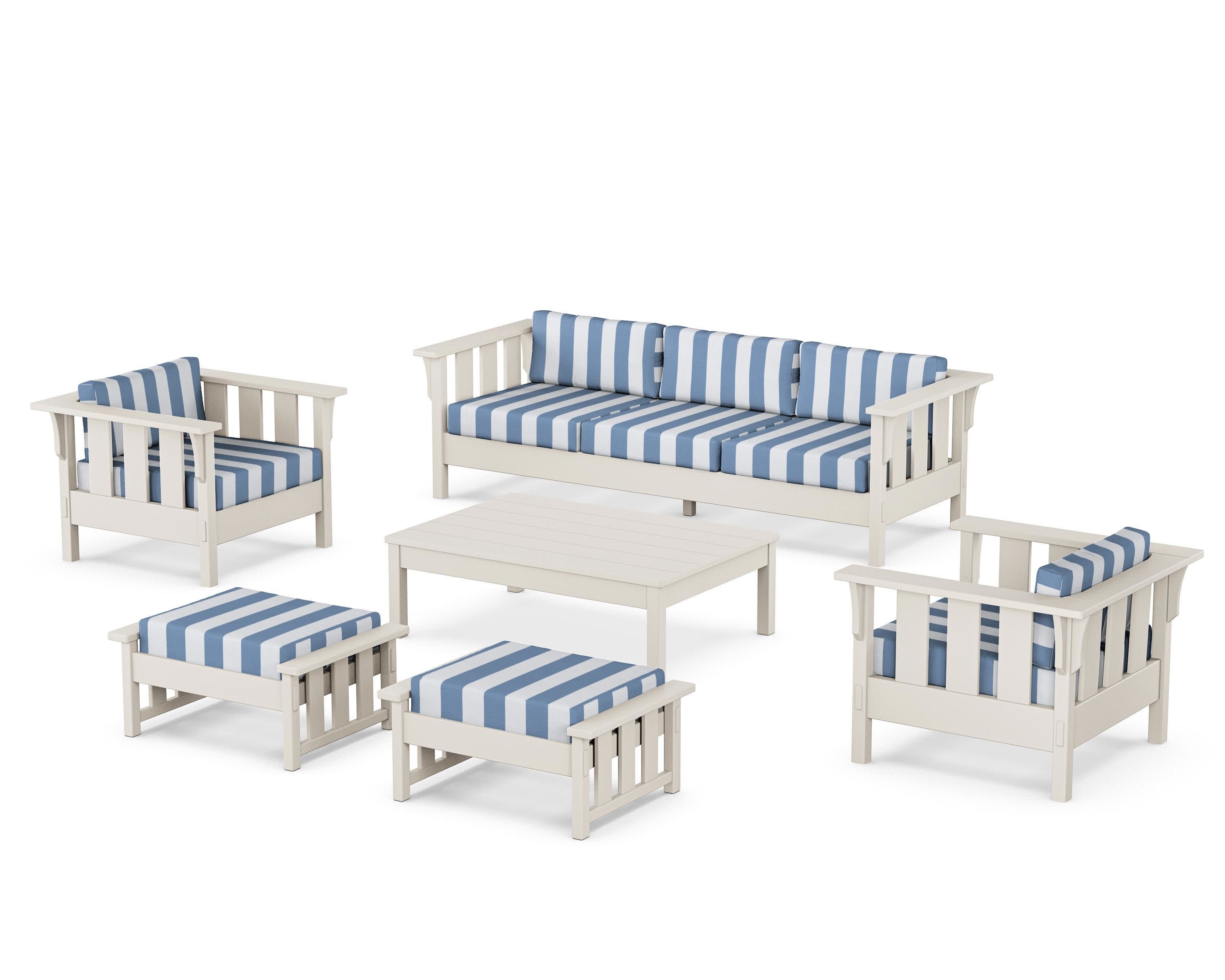 Acadia 6-Piece Lounge Sofa Set in Sand / Cabana Stripe Sky Blue