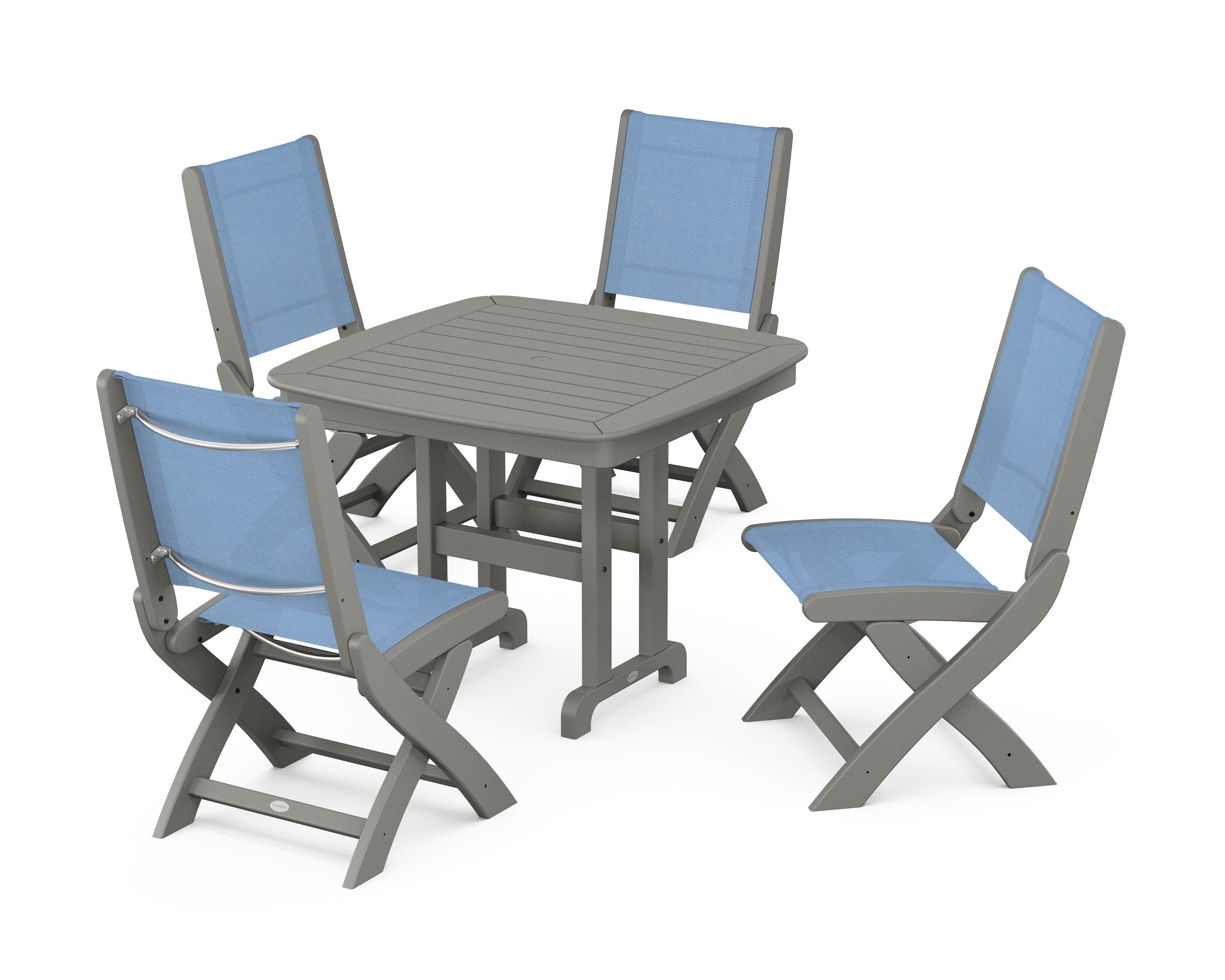 Coastal Folding Side Chair 5-Piece Dining Set in Slate Grey / Poolside Sling