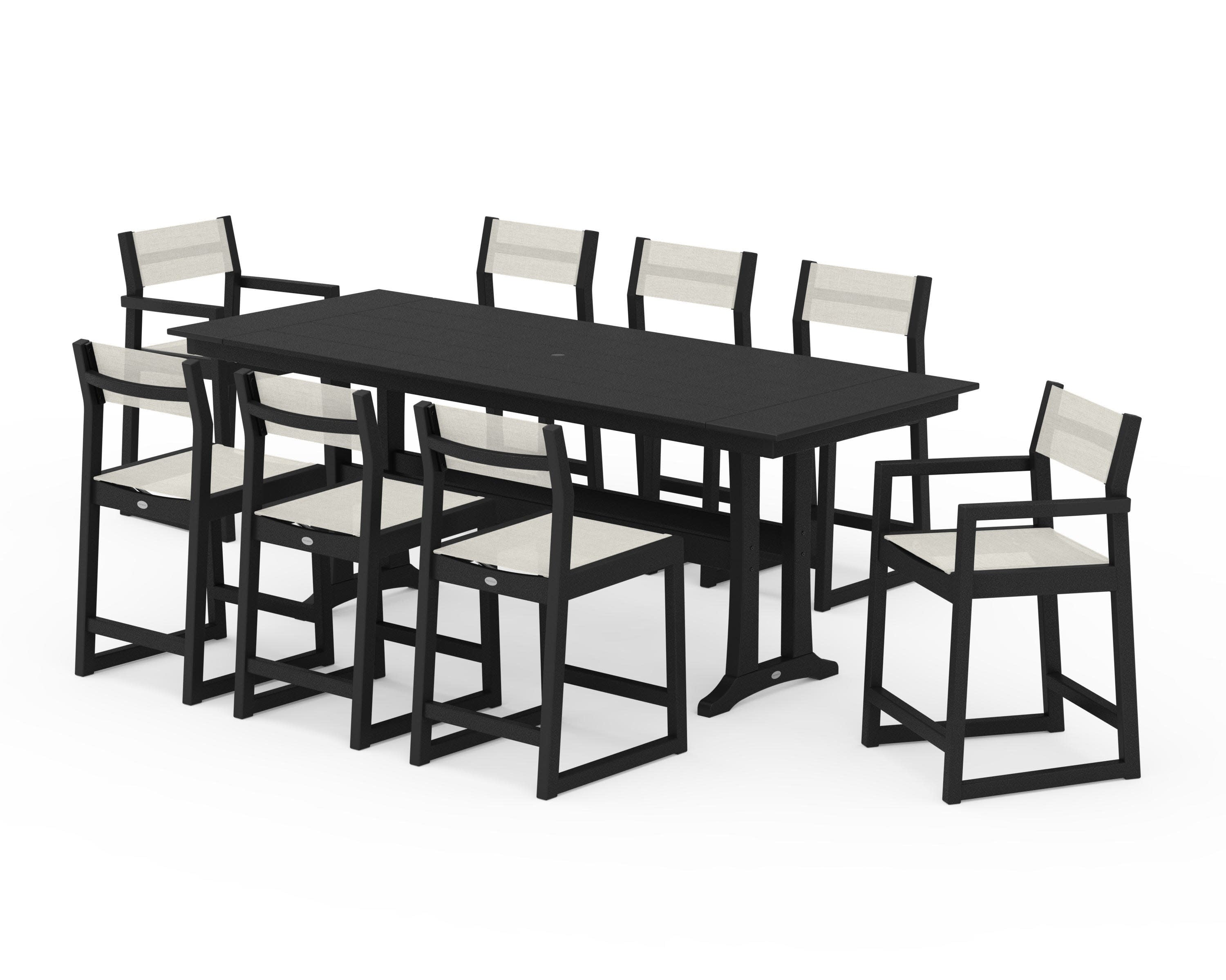EDGE Sling 9-Piece Farmhouse Counter Set with Trestle Legs in Black / Parchment Sling
