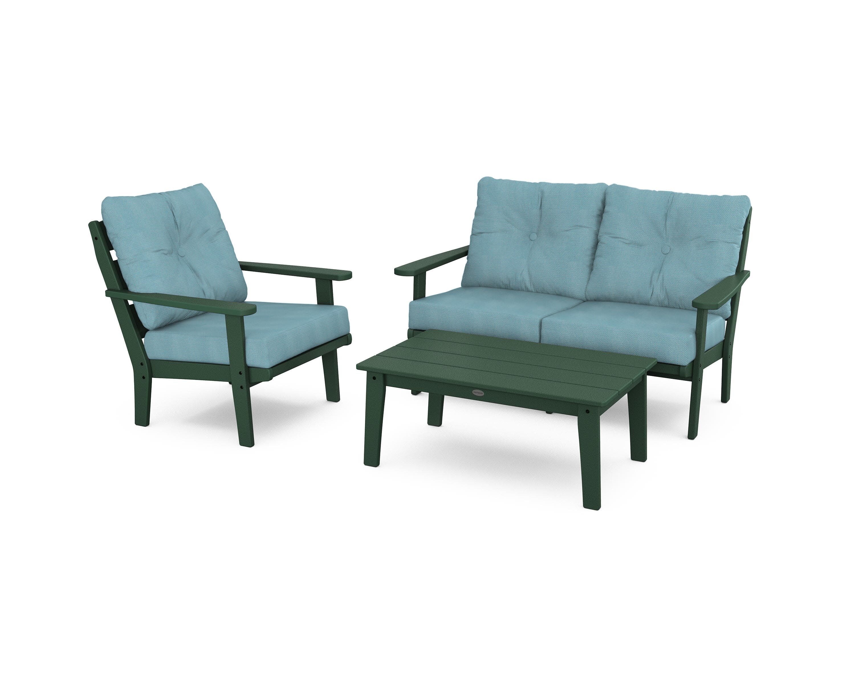 Lakeside 3-Piece Deep Seating Set in Green / Lattice Sky Blue