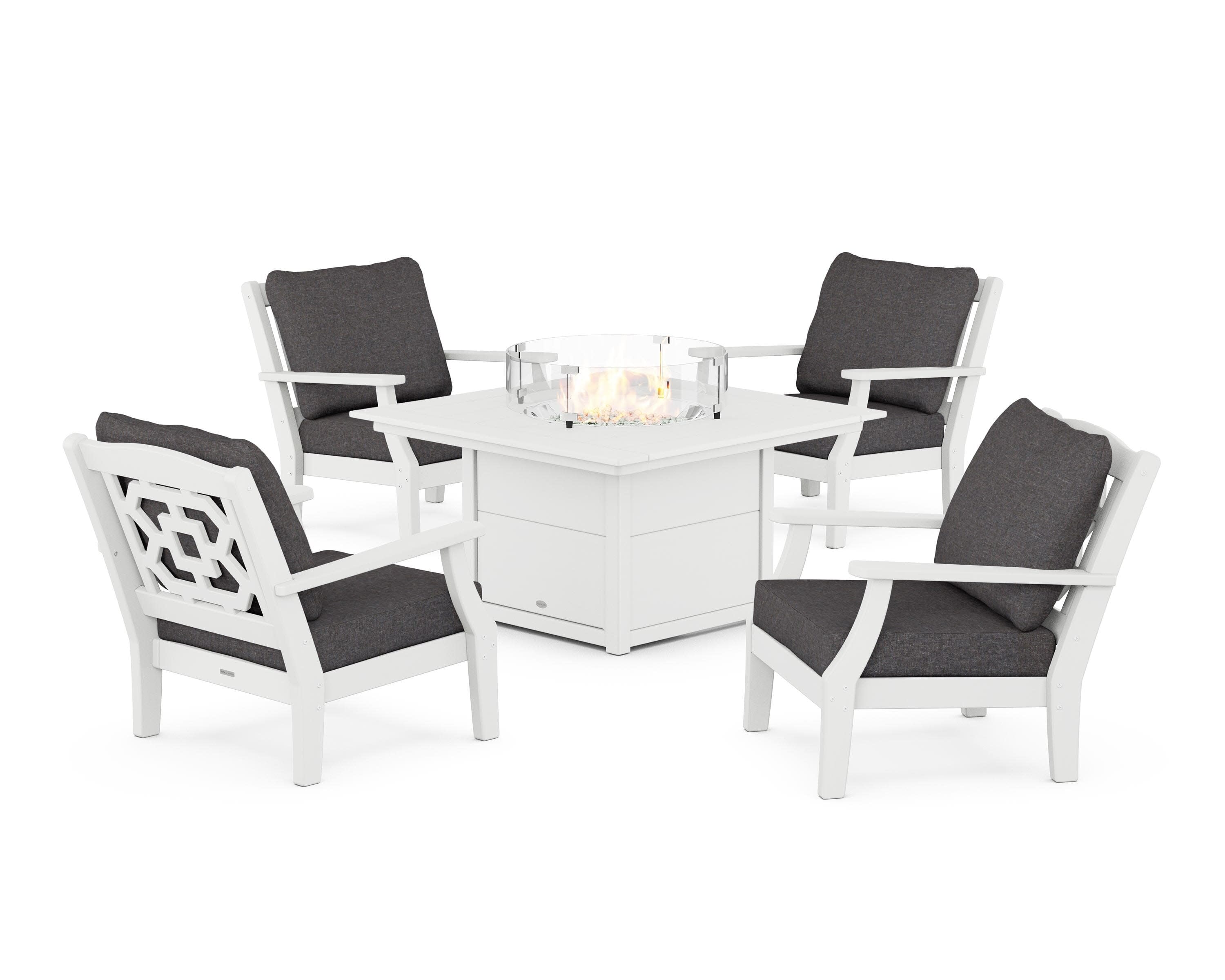 Chinoiserie 5-Piece Deep Seating Set with Fire Pit Table in White / Ash Charcoal