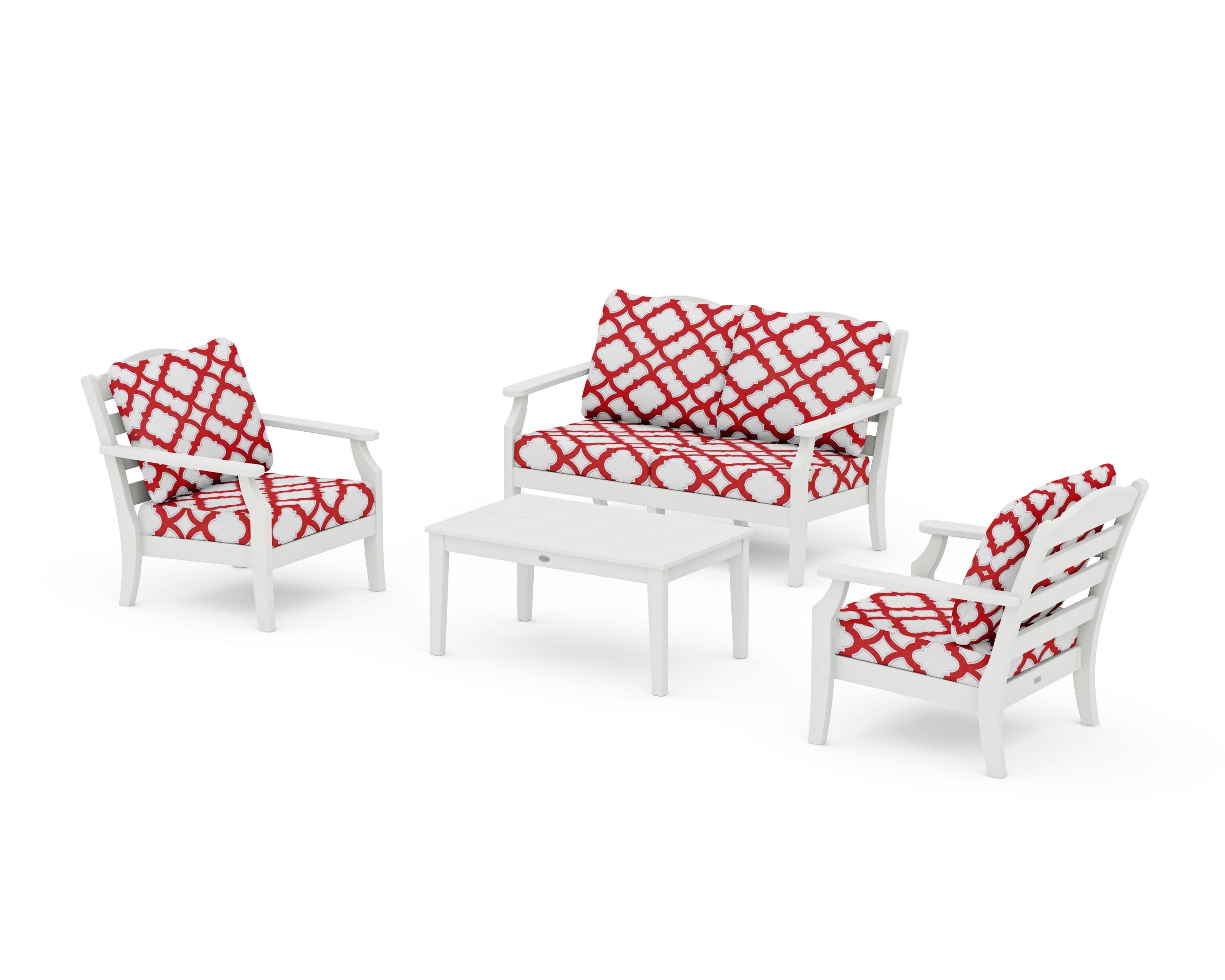 Savannah 4-Piece Deep Seating Set with Loveseat in Vintage White / Trellis Crimson