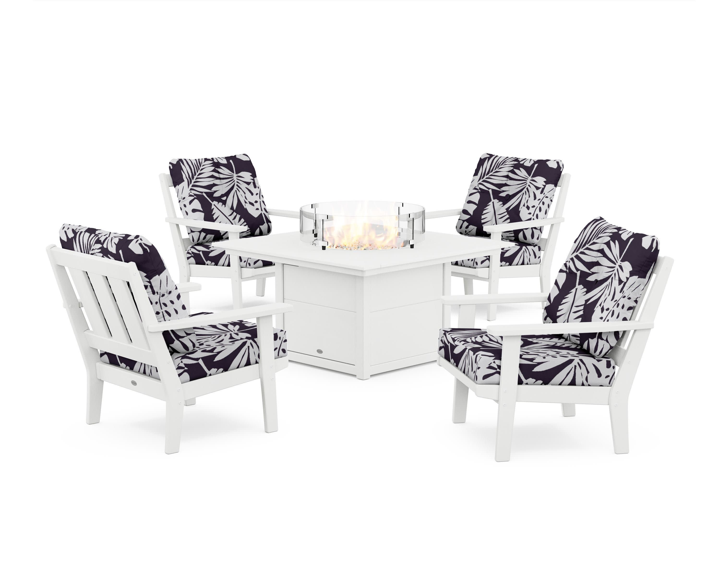 Oxford 5-Piece Deep Seating Set with Fire Pit Table in White / Leaf Navy