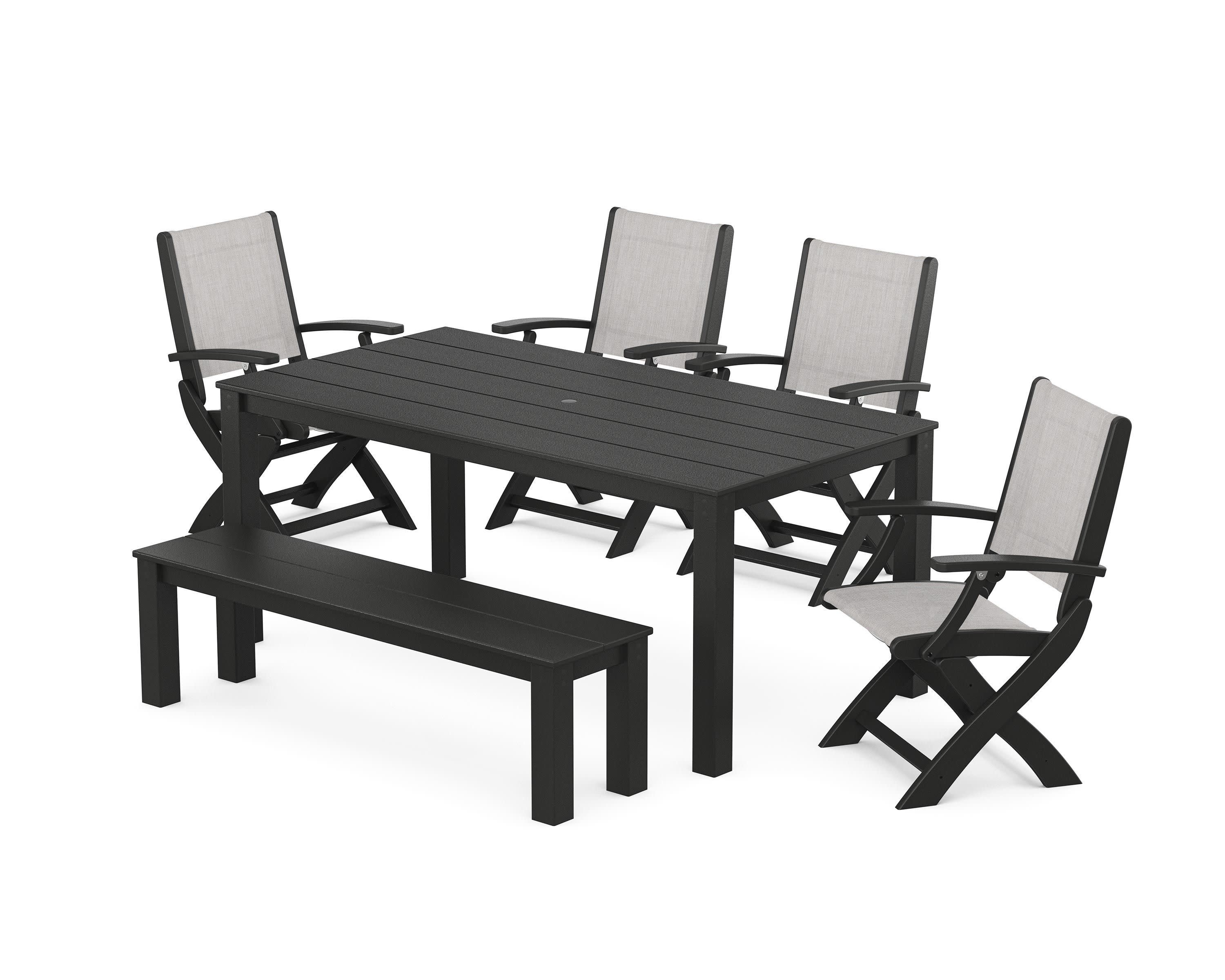 Coastal Folding Chair 6-Piece Parsons Dining Set with Bench in Black / Parchment Sling