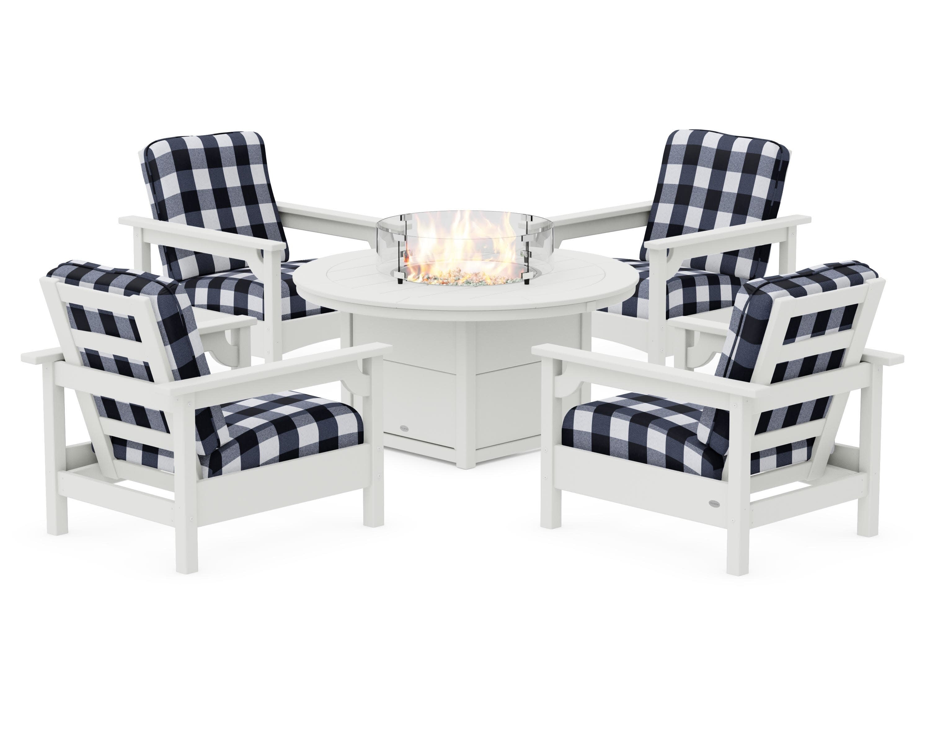 Club 5-Piece Conversation Set with Fire Pit Table in Vintage White / Buffalo Plaid Marine Indigo