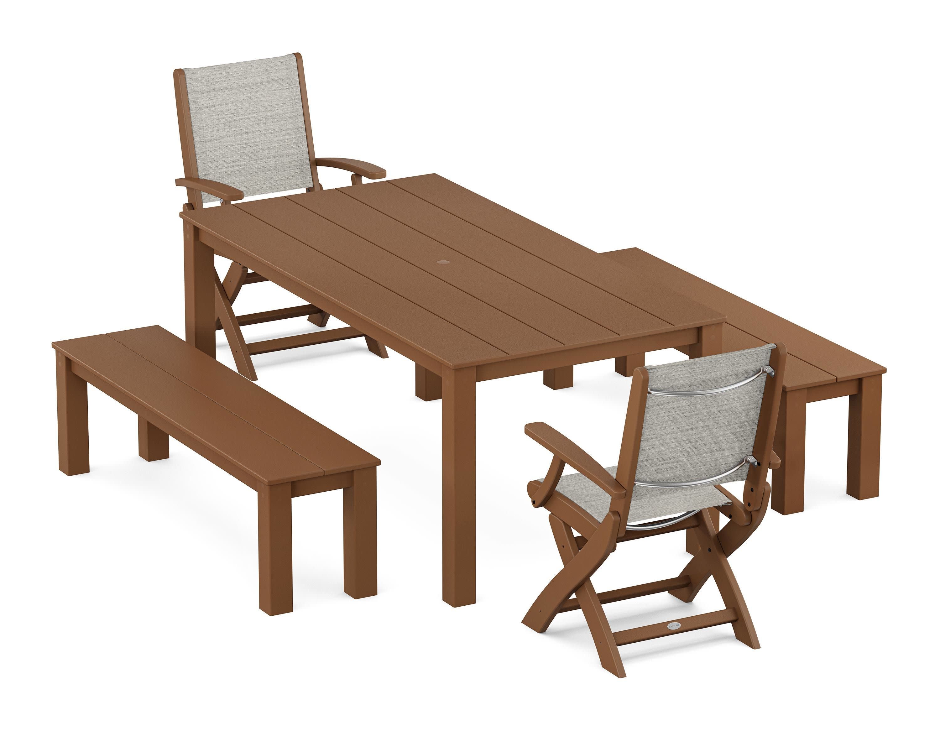 Coastal Folding Chair 5-Piece Parsons Dining Set with Benches in Teak / Birch Sling