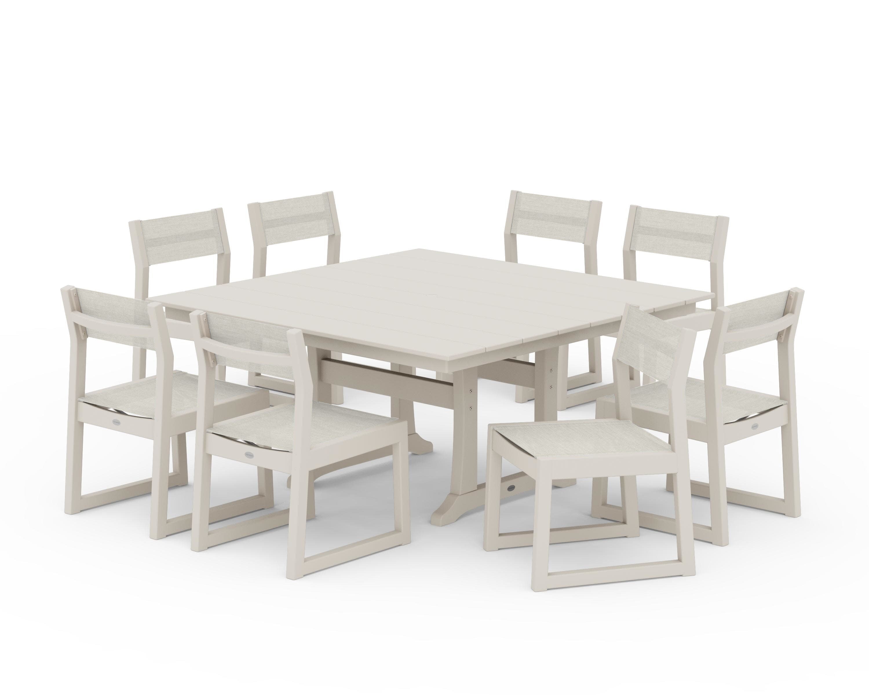 EDGE Sling Side Chair 9-Piece Farmhouse Trestle Dining Set in Sand / Parchment Sling