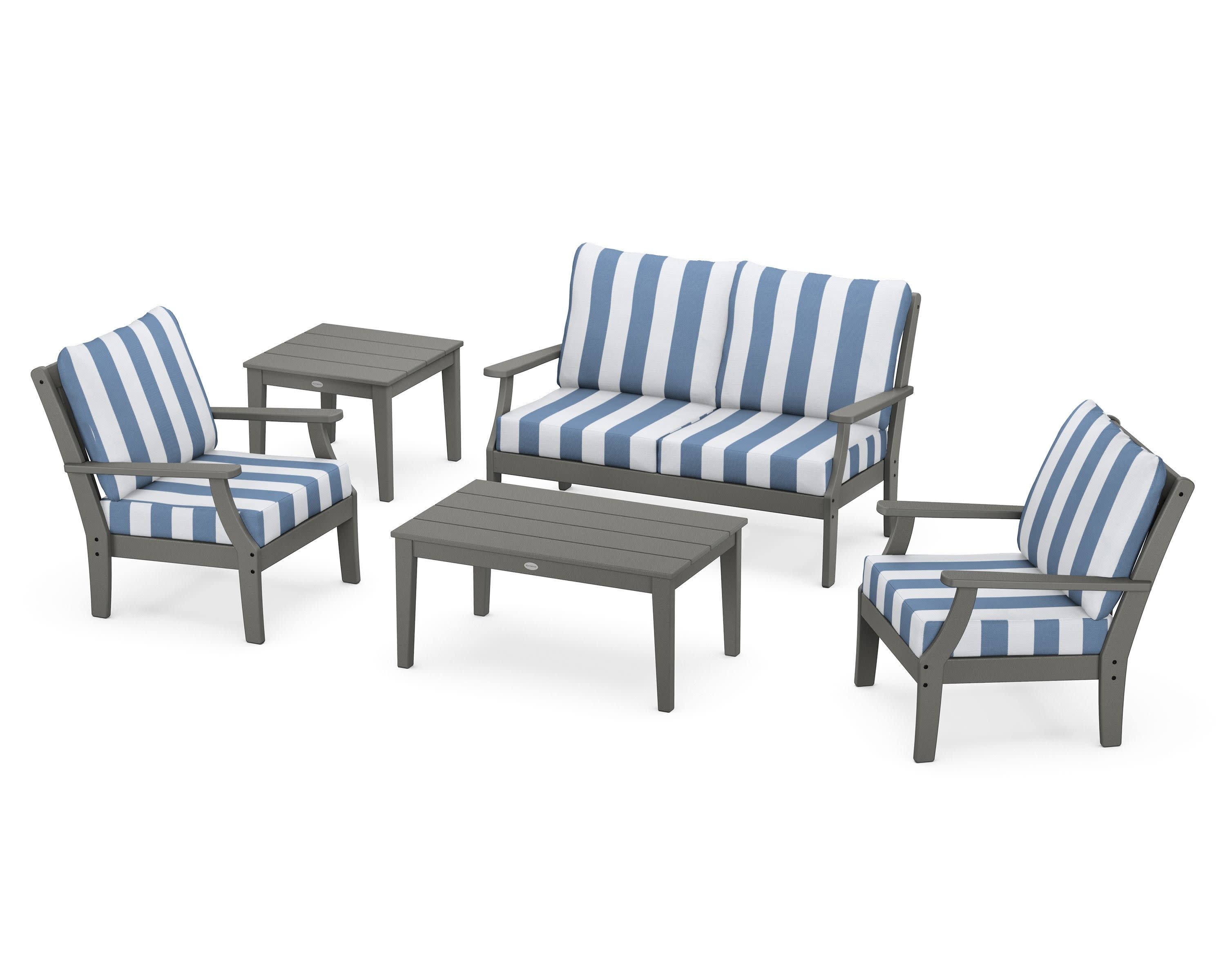 Braxton 5-Piece Deep Seating Set in Slate Grey / Cabana Stripe Sky Blue