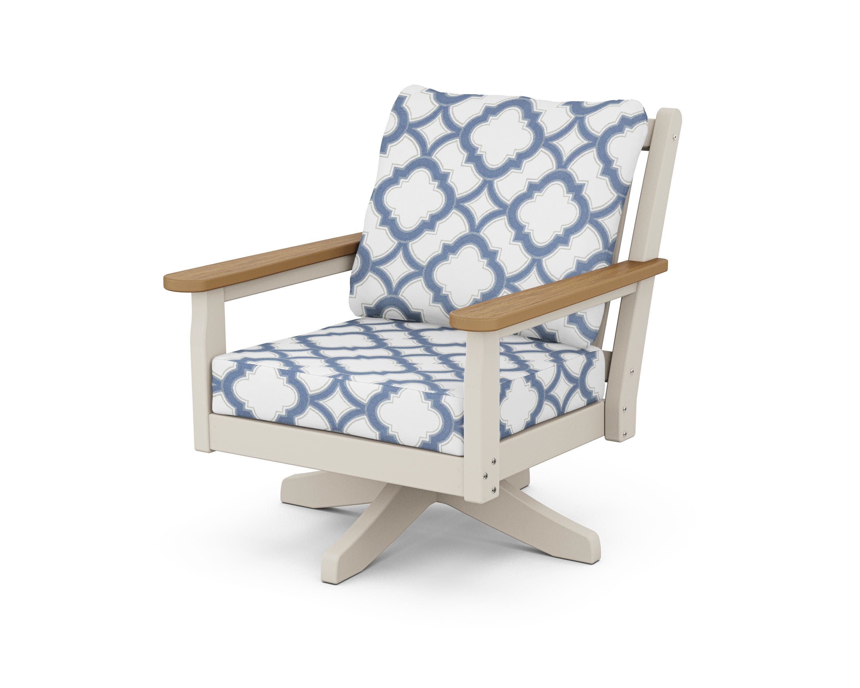 Chippendale Deep Seating Swivel Chair in Sand / Natural / Trellis Sky Blue