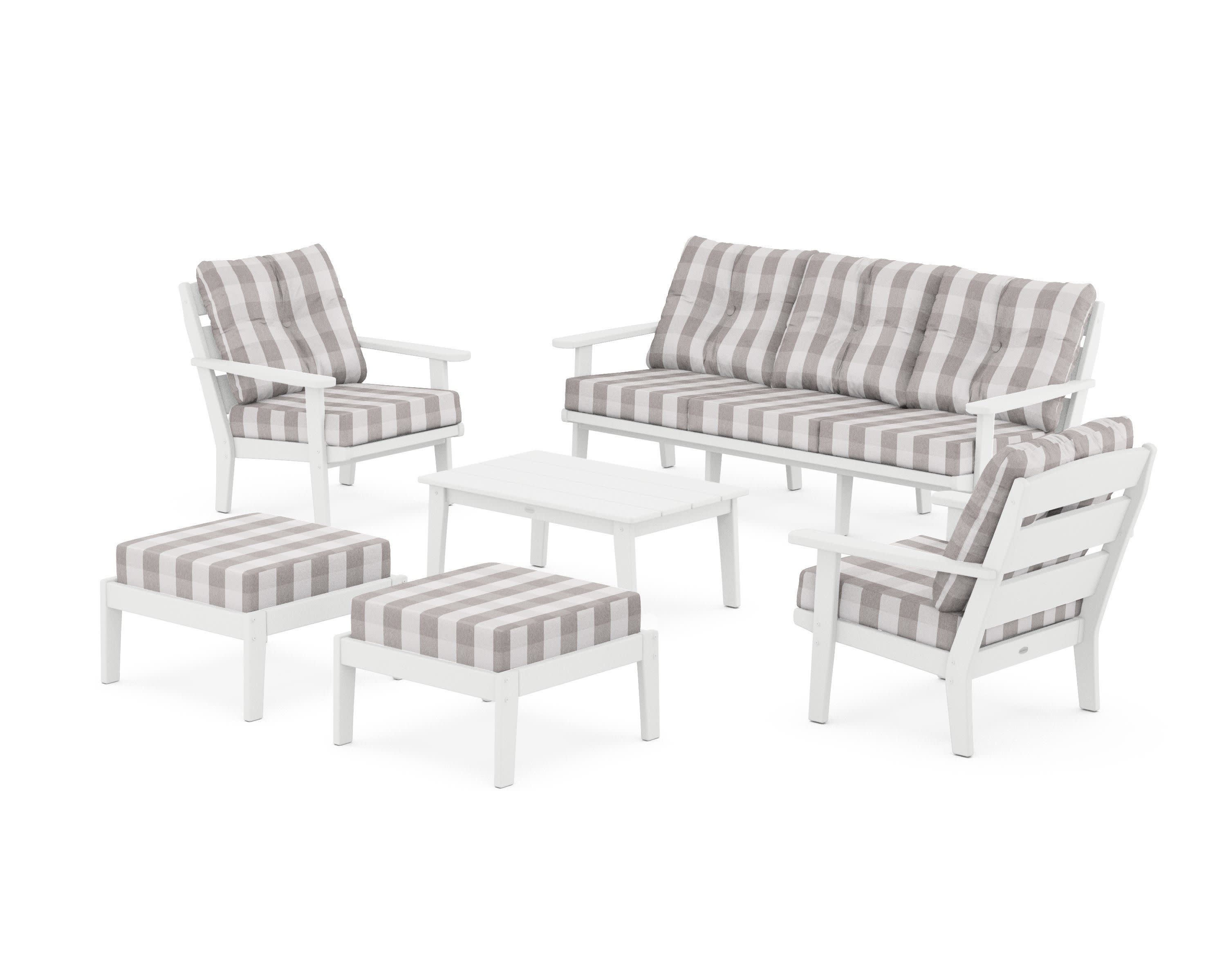 Lakeside 6-Piece Lounge Sofa Set in White / Buffalo Plaid Grey Mist