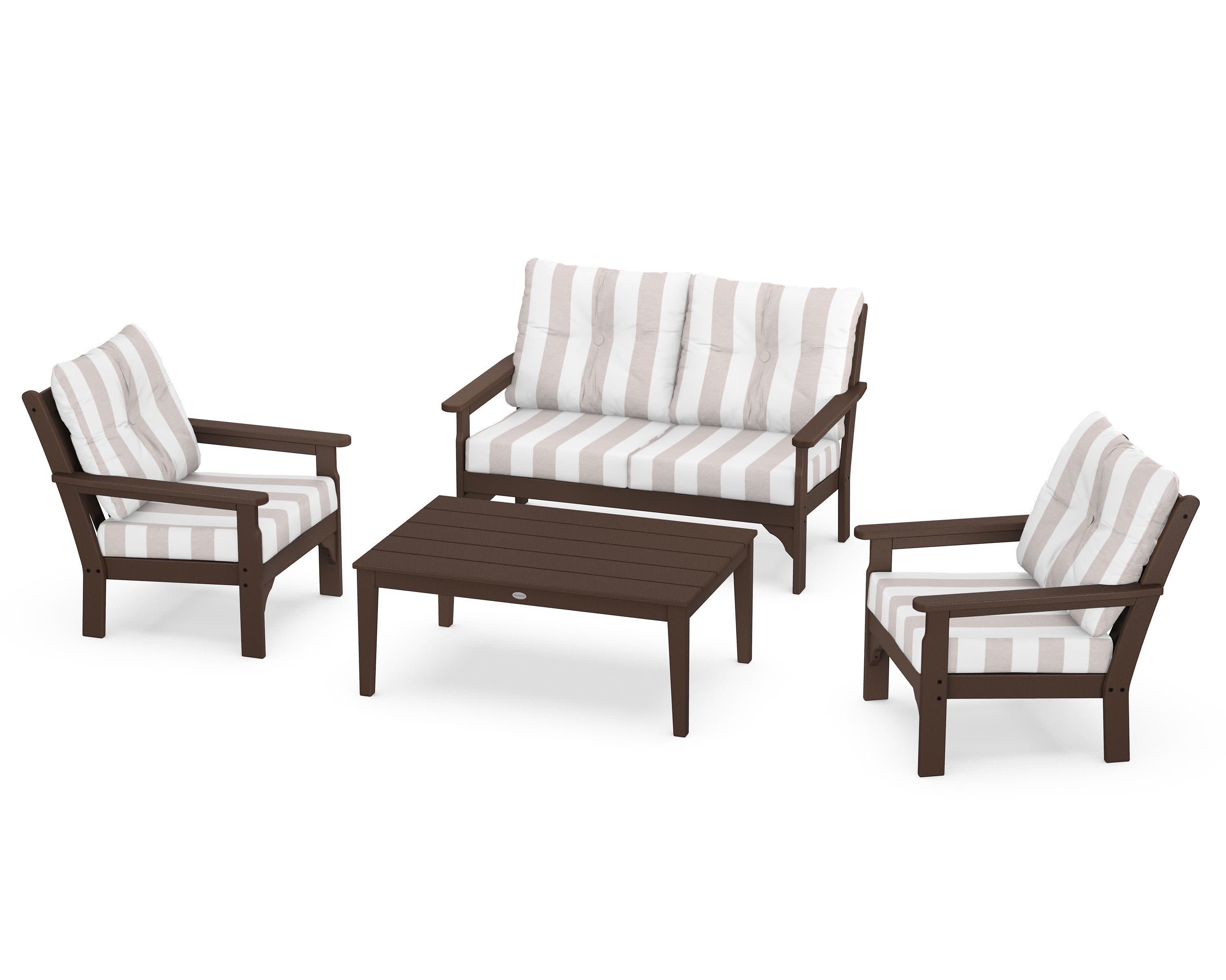 Vineyard 4-Piece Deep Seating Set in Mahogany / Cabana Stripe Dune Burlap