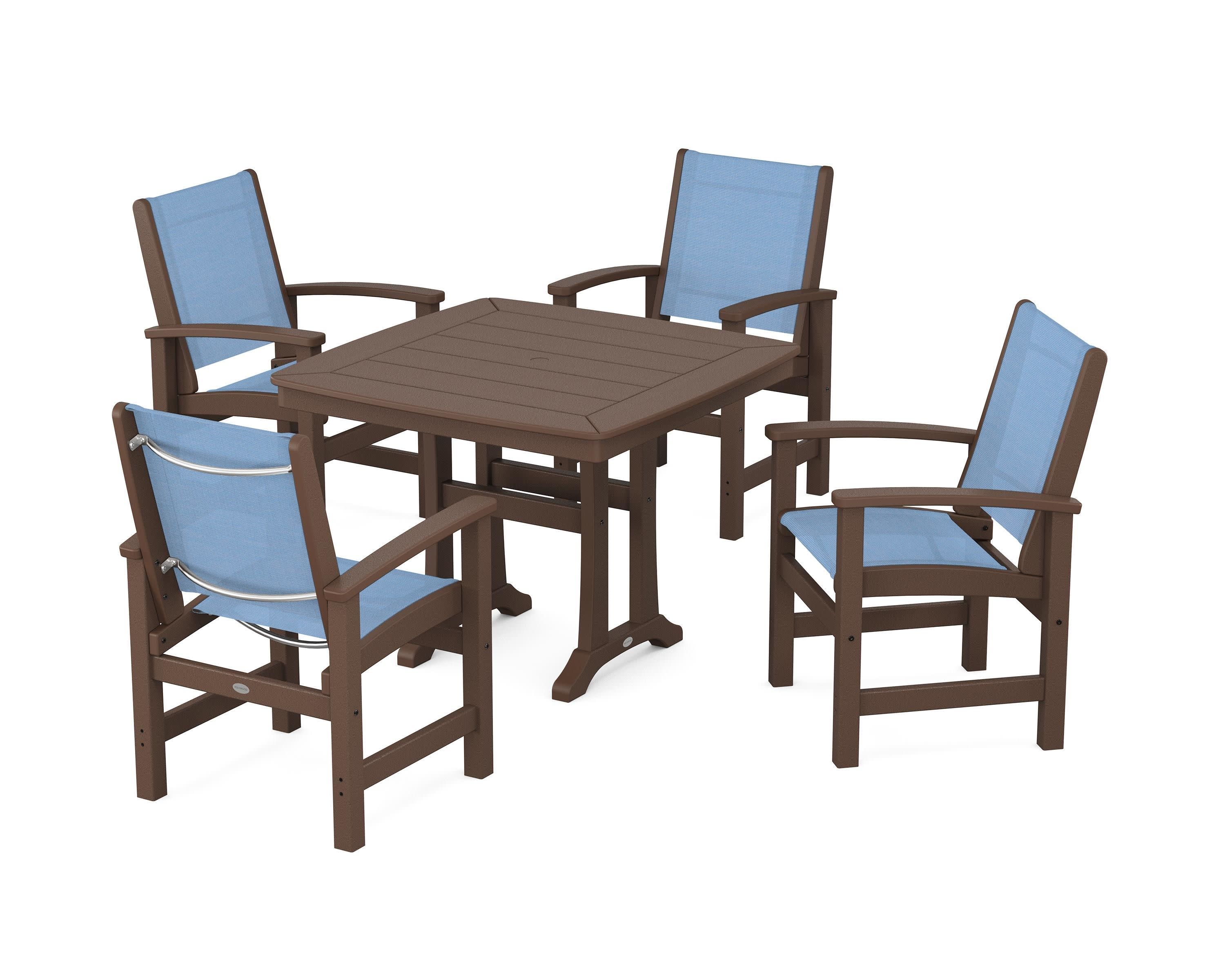 Coastal 5-Piece Dining Set with Trestle Legs in Mahogany / Poolside Sling