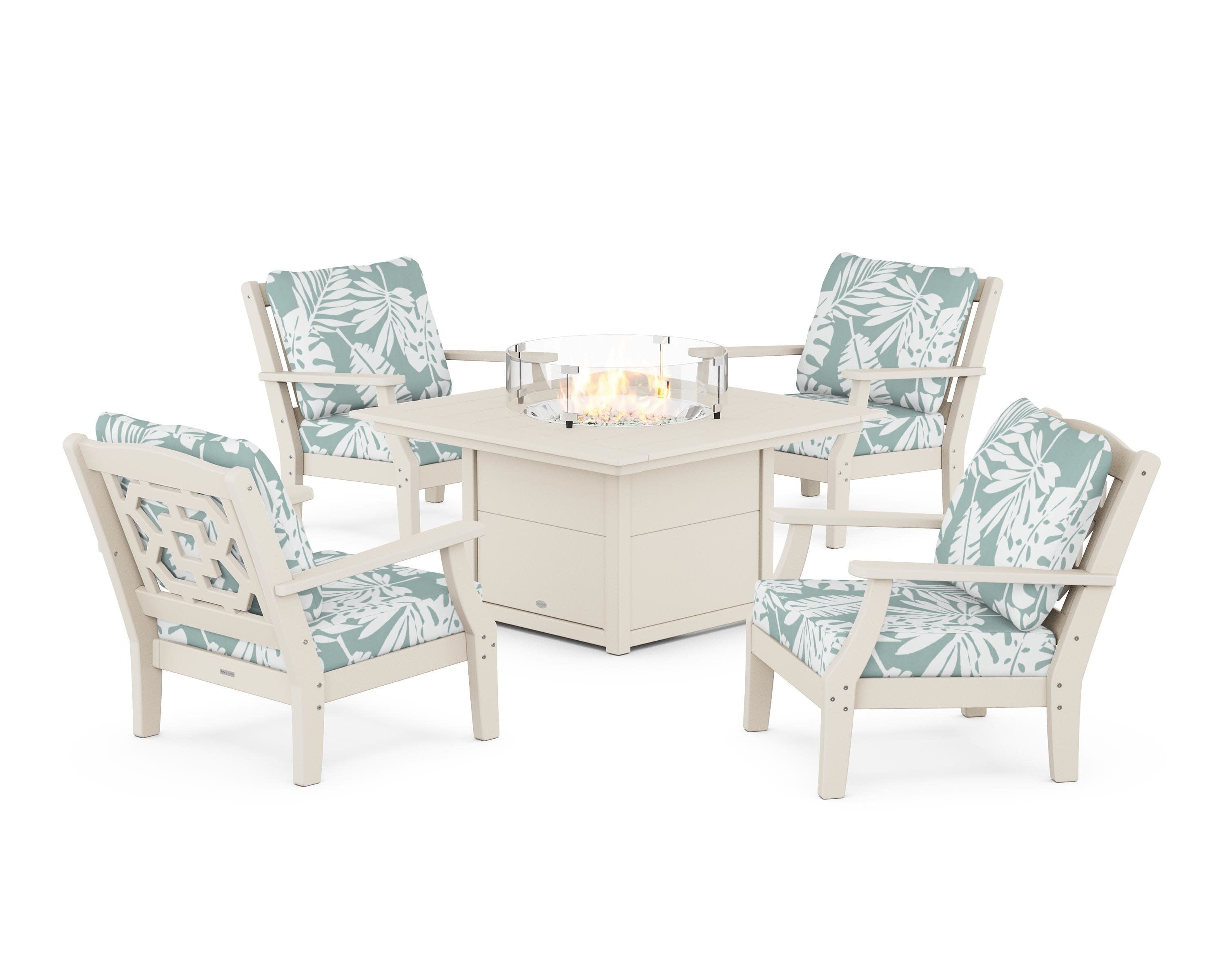 Chinoiserie 5-Piece Deep Seating Set with Fire Pit Table in Sand / Leaf Glacier Spa