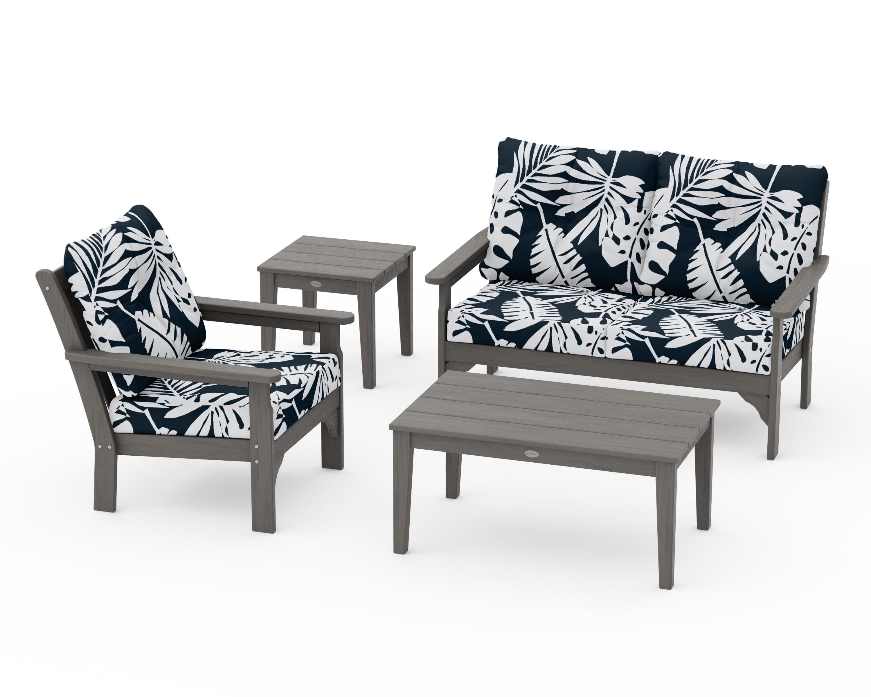 Vineyard 4-Piece Deep Seating Set in Driftwood / Leaf Marine Indigo
