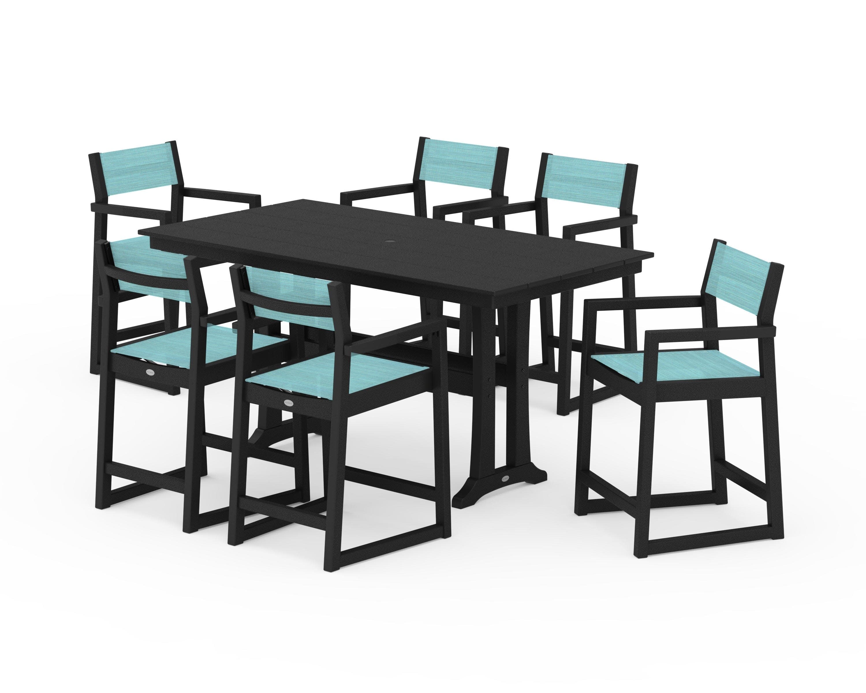EDGE Sling Arm Chair 7-Piece Farmhouse Counter Set with Trestle Legs in Black / Dupioni Aquamarine Sling