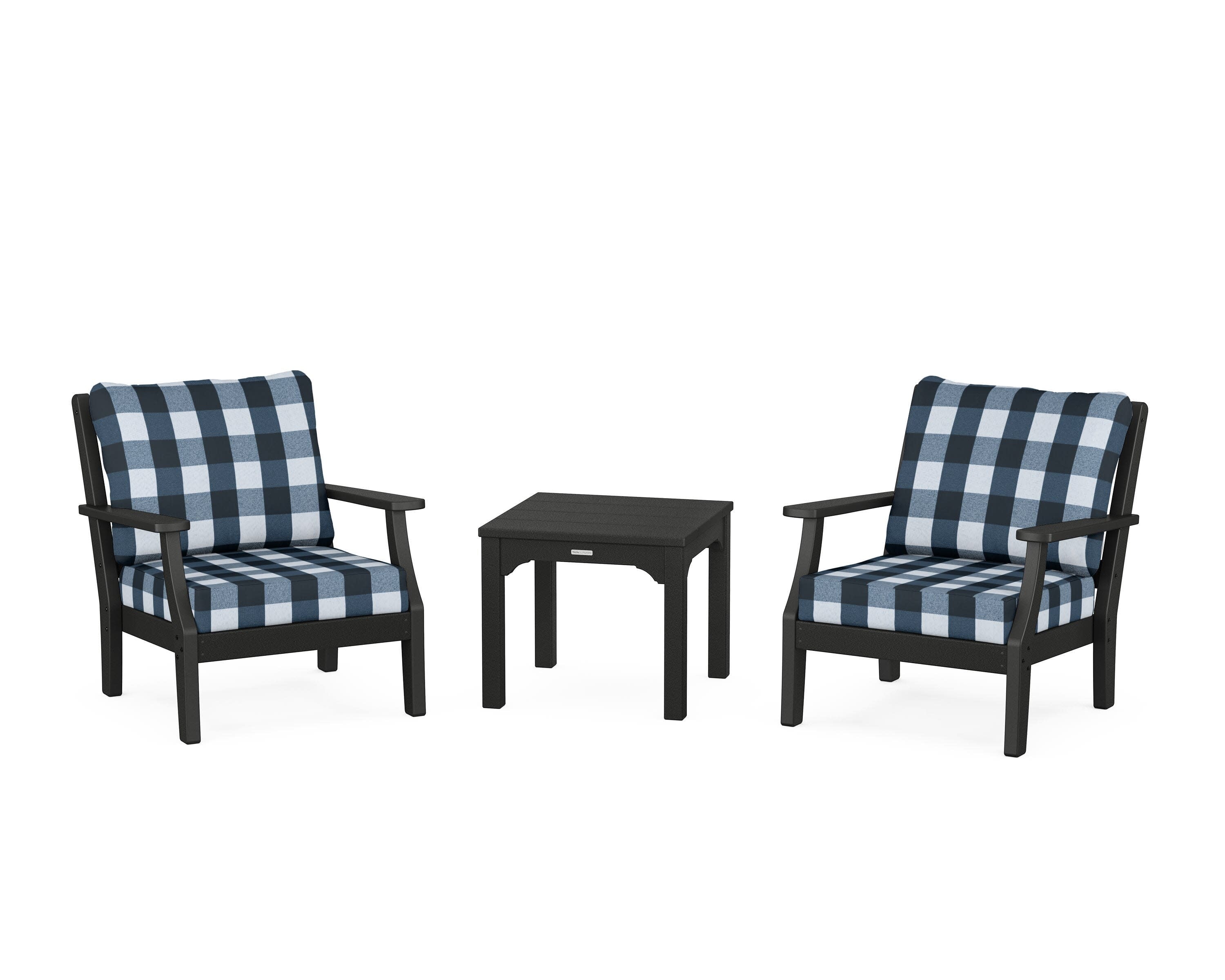 Chinoiserie 3-Piece Deep Seating Set in Black / Buffalo Plaid Marine Indigo
