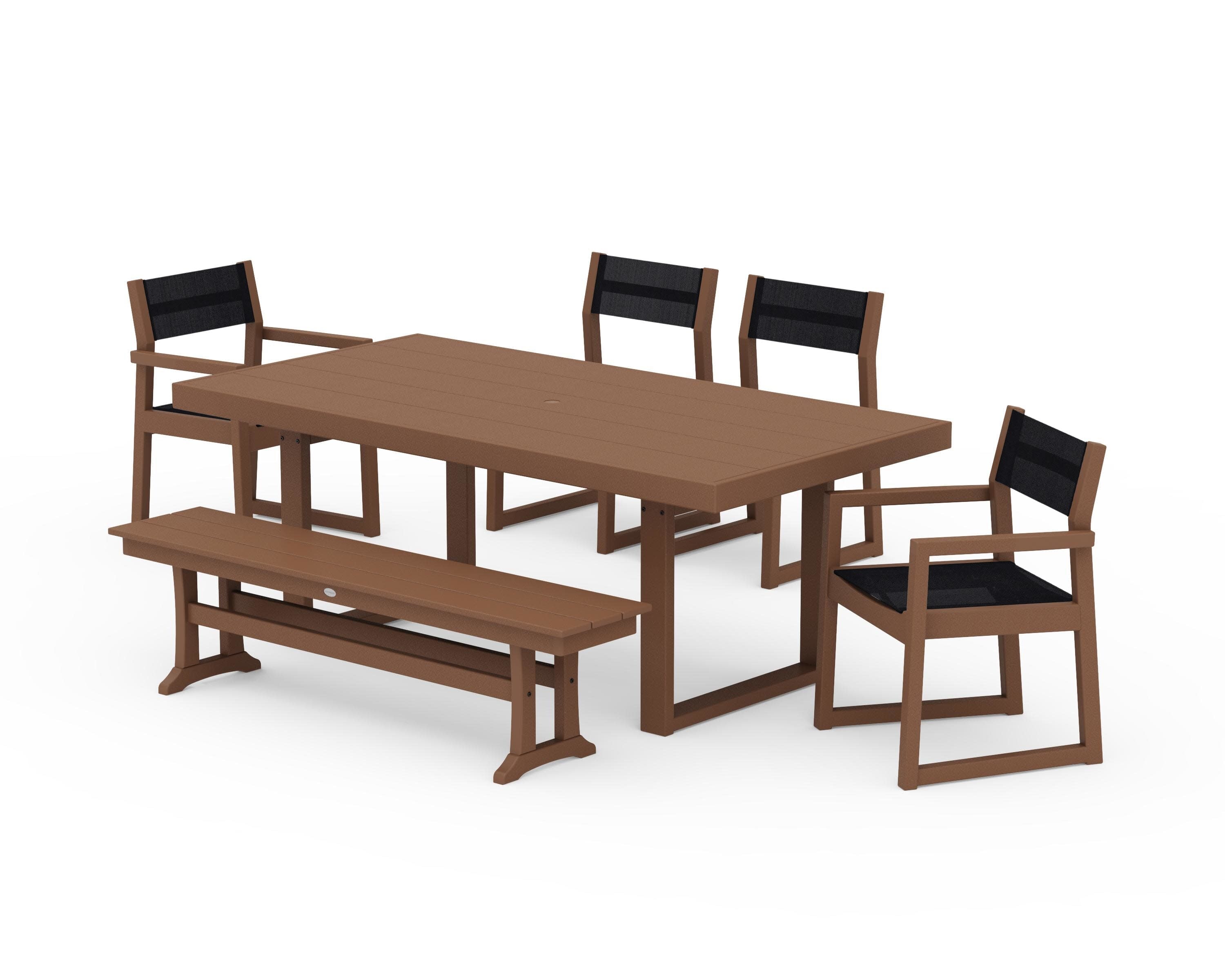 EDGE Sling 6-Piece Dining Set with Bench in Teak / Black Sling