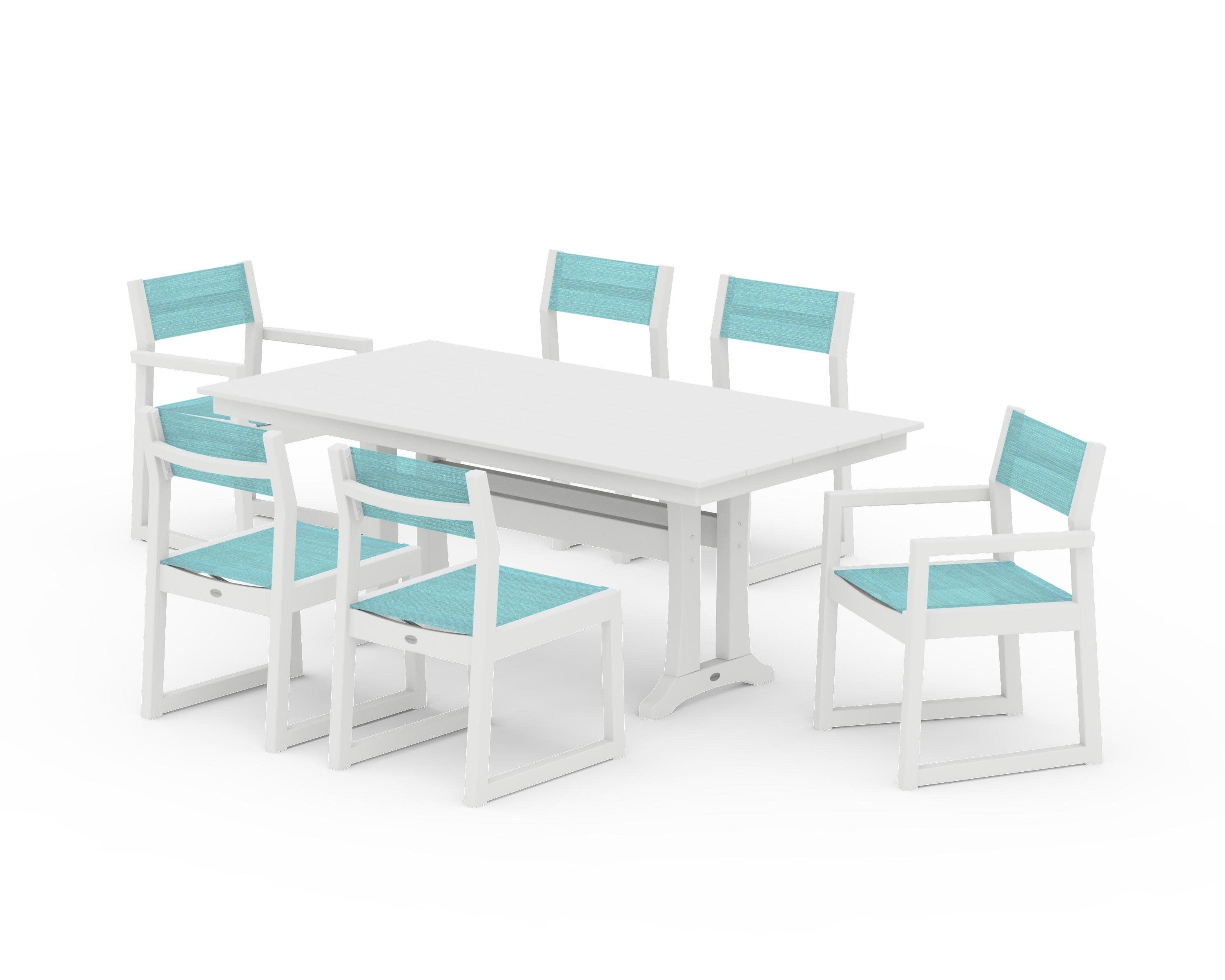 EDGE Sling 7-Piece Farmhouse Trestle Dining Set in White / Dupioni Aquamarine Sling
