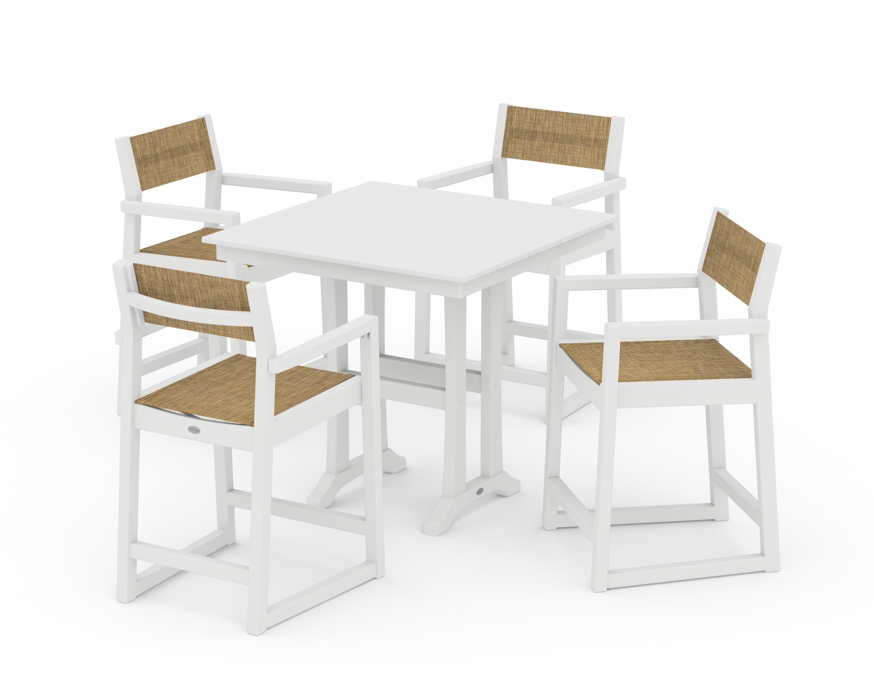 EDGE Sling Arm Chair 5-Piece Farmhouse Counter Set with Trestle Legs in White / Burlap Sling