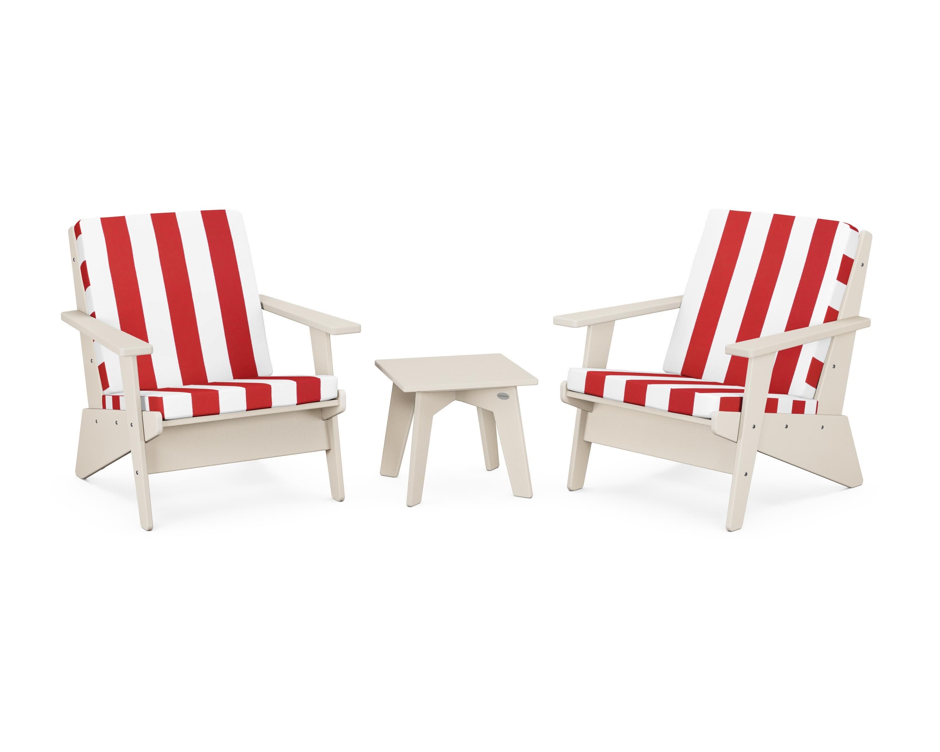 Riviera Modern Lounge 3-Piece Set in Sand / Cabana Stripe Crimson