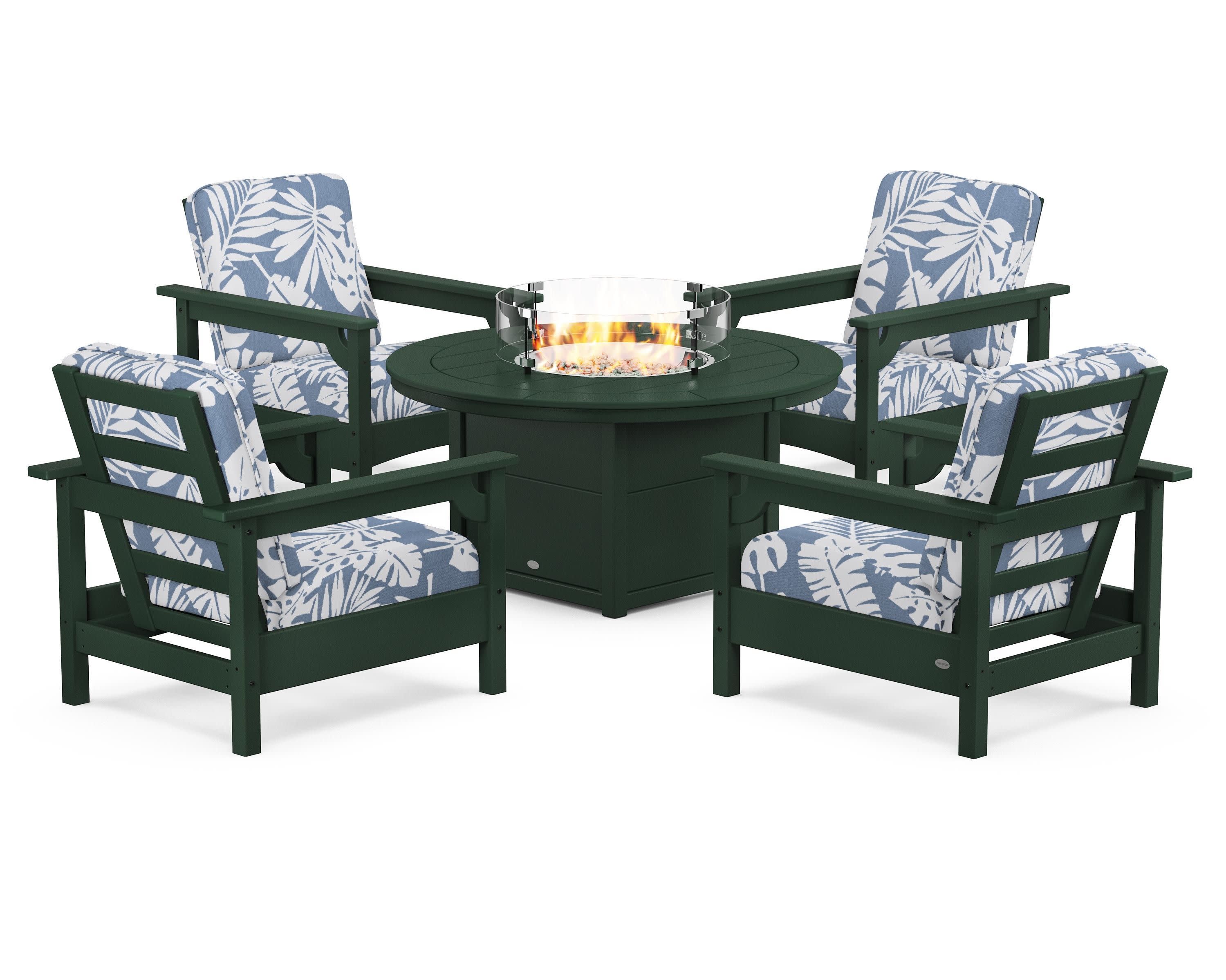Club 5-Piece Conversation Set with Fire Pit Table in Green / Leaf Sky Blue