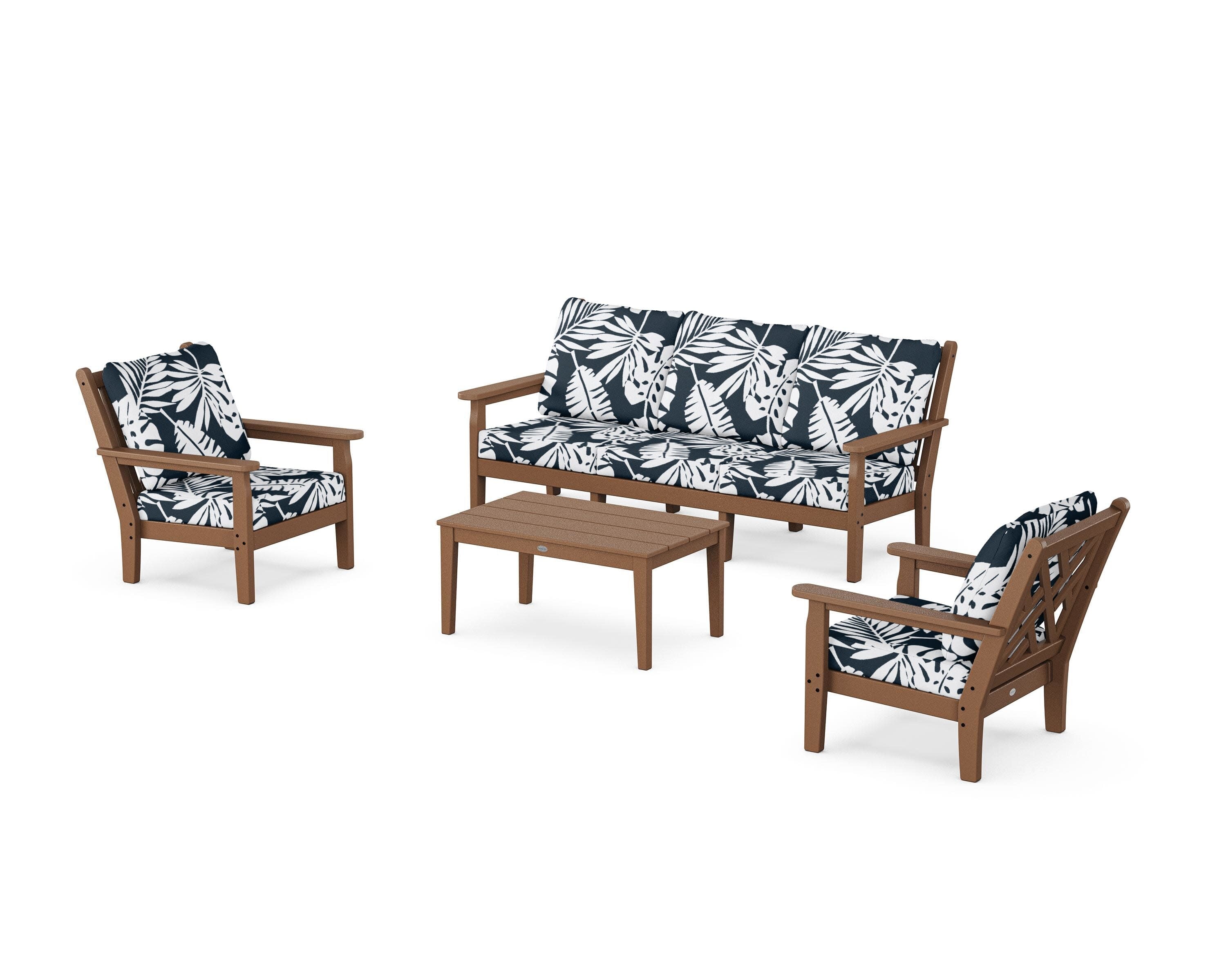 Chippendale 4-Piece Deep Seating Set with Sofa in Teak / Leaf Marine Indigo