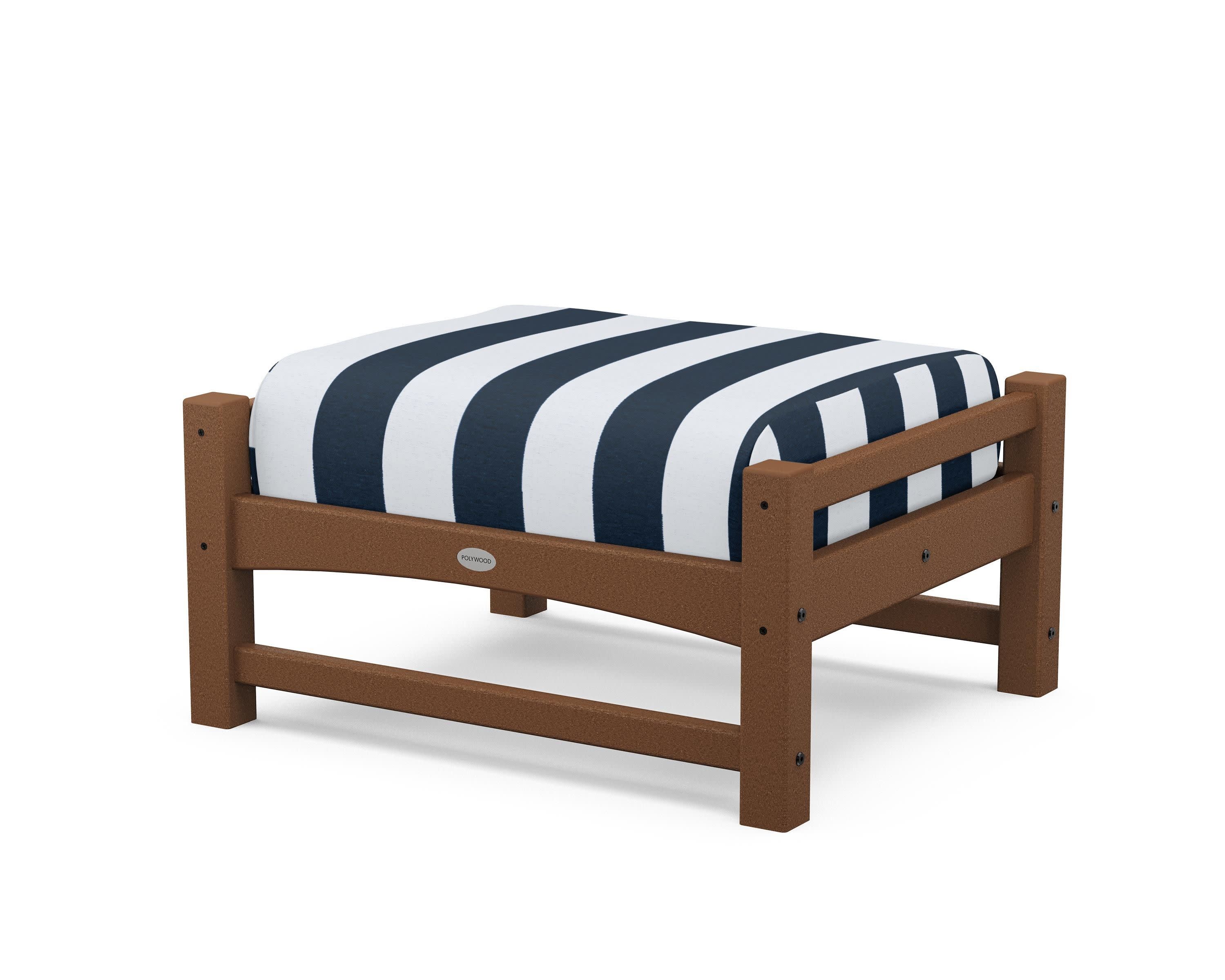 Club Ottoman in Teak / Cabana Stripe Marine Indigo