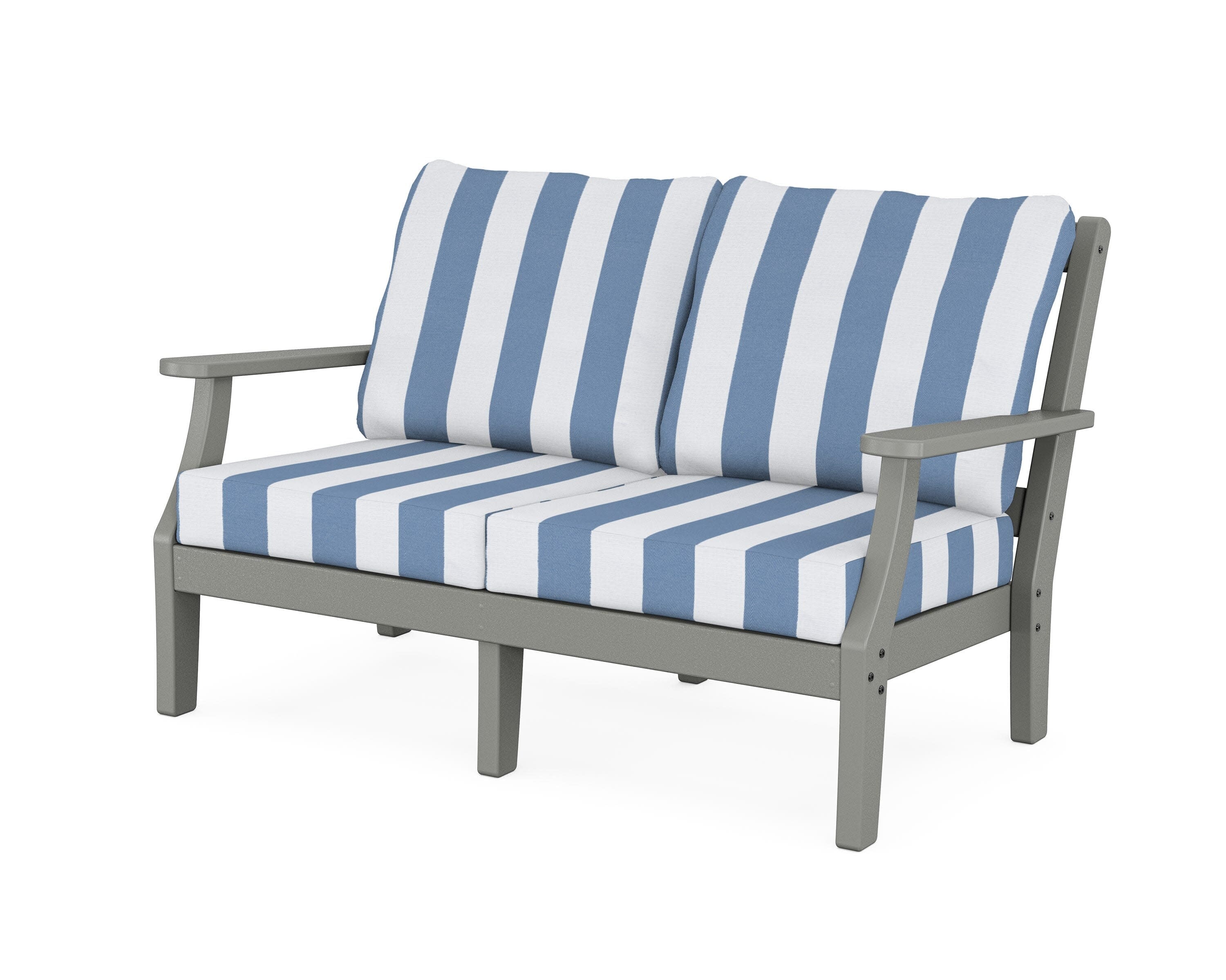 Chinoiserie Deep Seating Loveseat in Slate Grey / Cabana Stripe Sky Blue