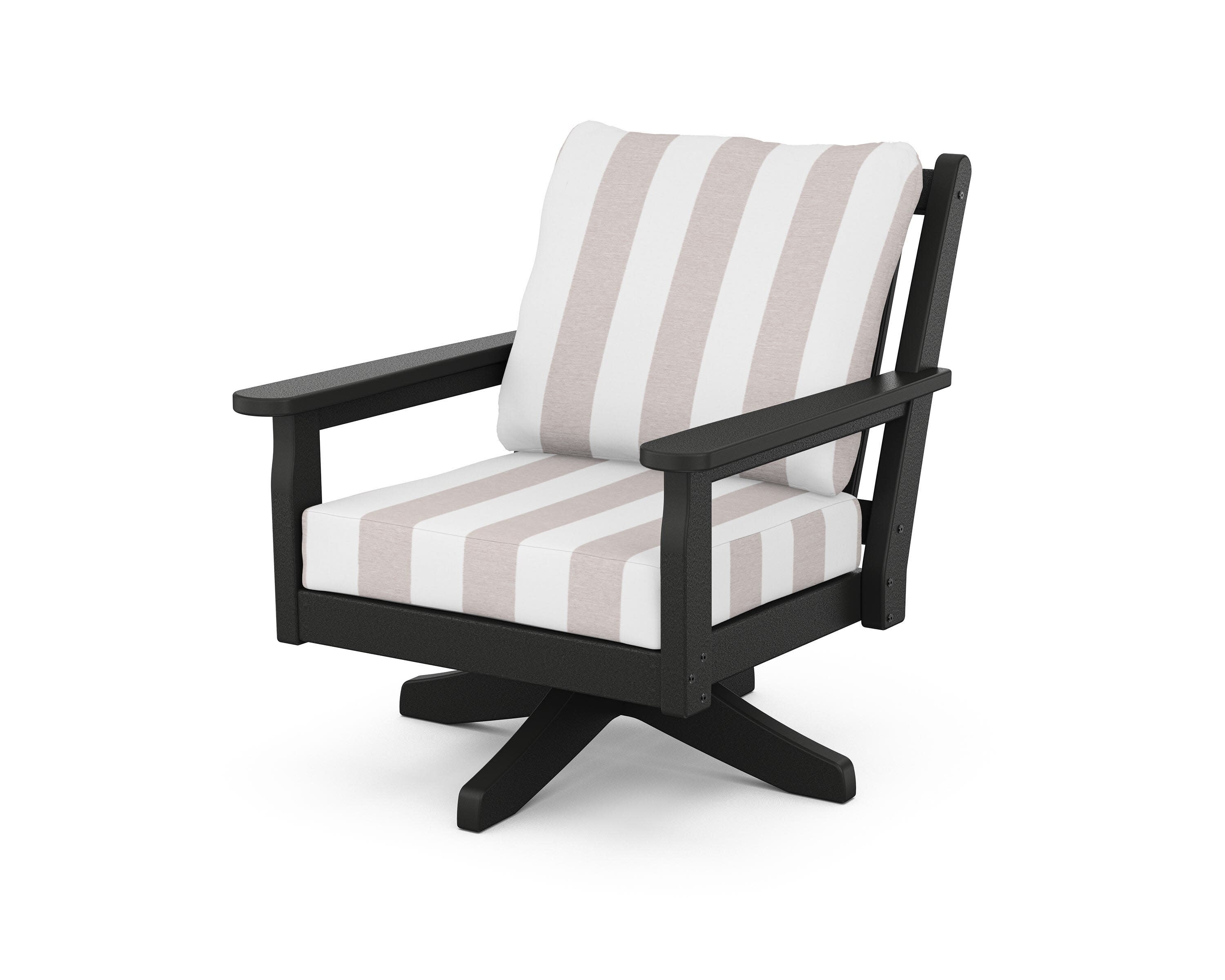 Chippendale Deep Seating Swivel Chair in Black / Cabana Stripe Dune Burlap