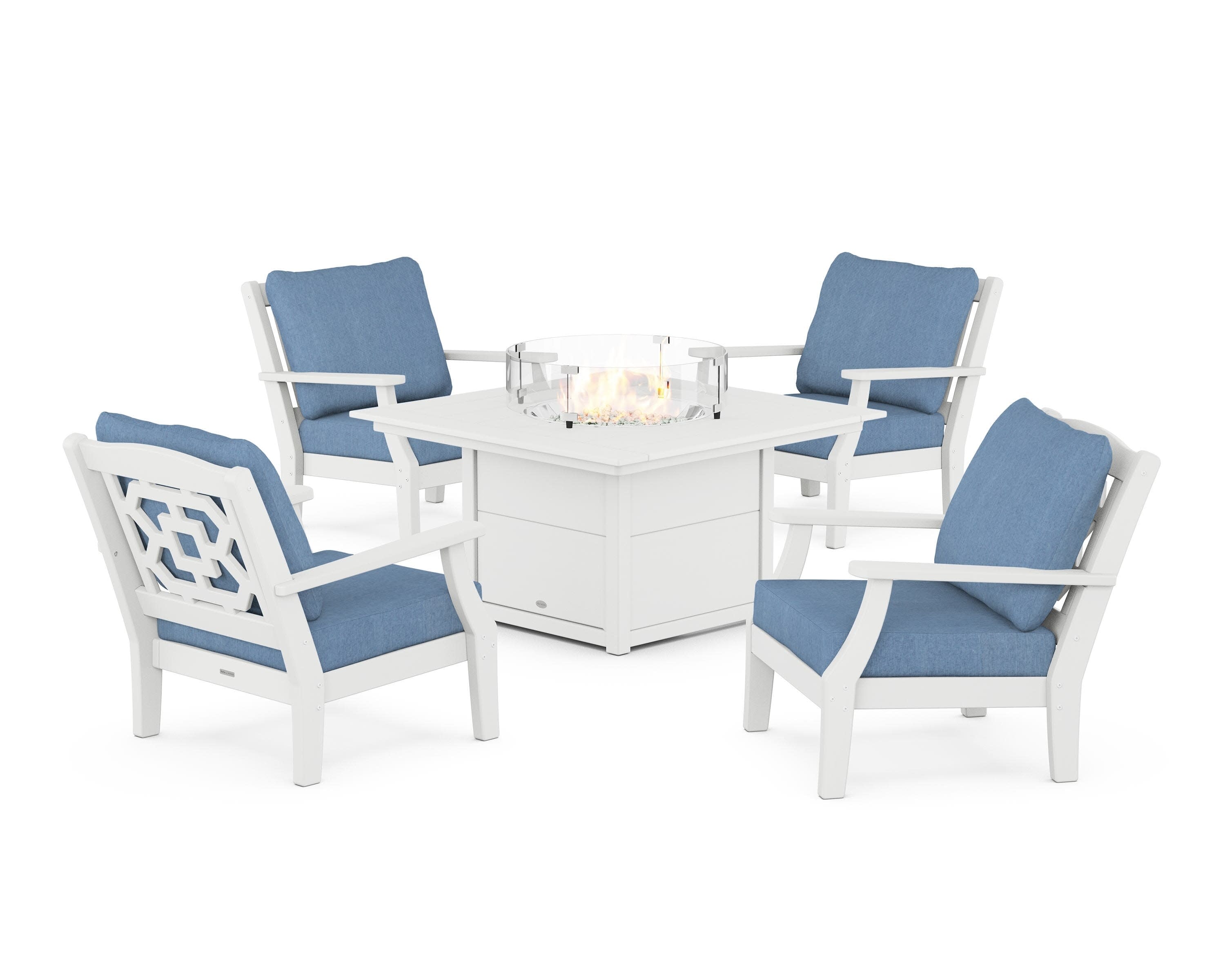 Chinoiserie 5-Piece Deep Seating Set with Fire Pit Table in White / Sky Blue