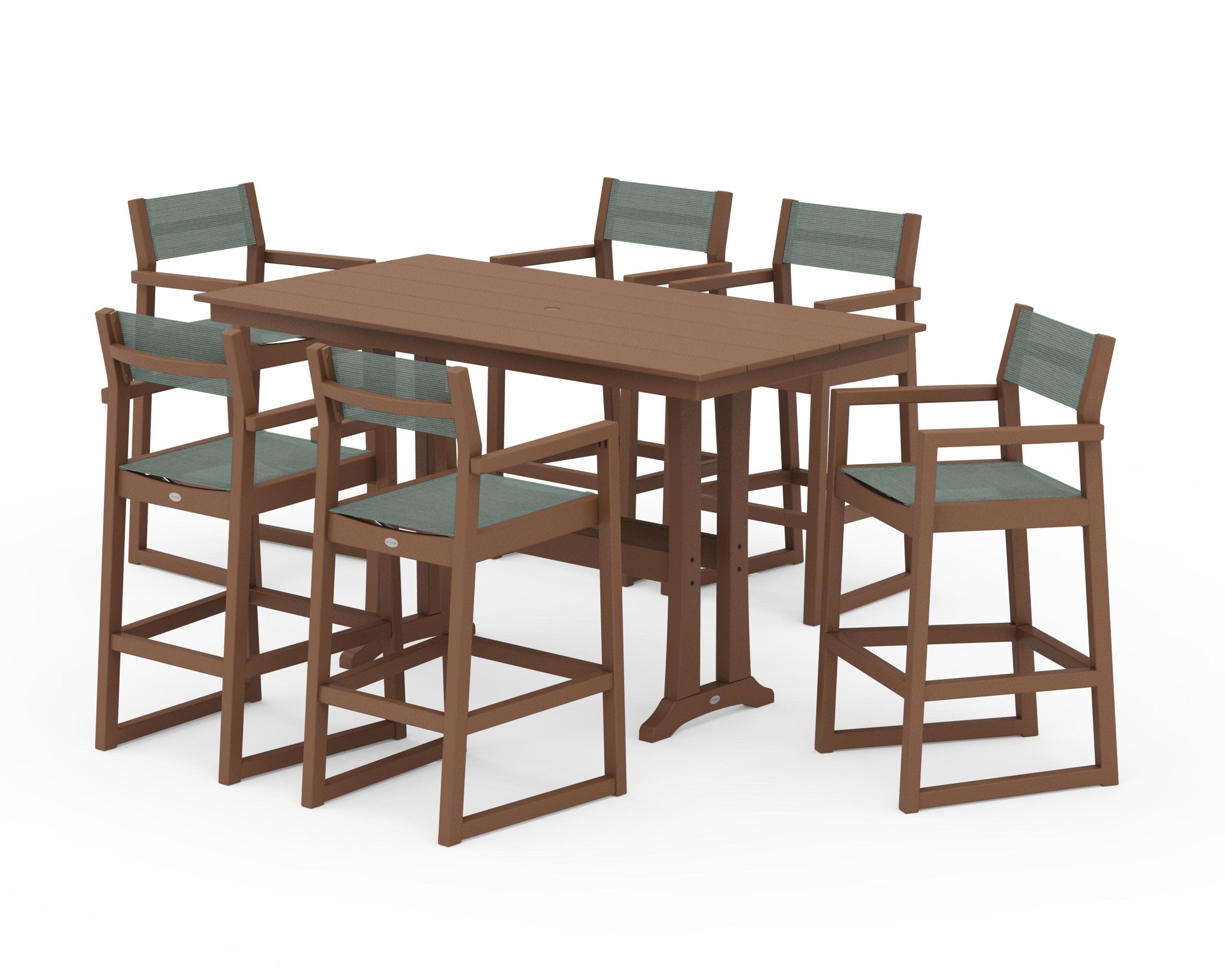 EDGE Sling Arm Chair 7-Piece Farmhouse Bar Set with Trestle Legs in Teak / Dupioni Sea Mist Sling