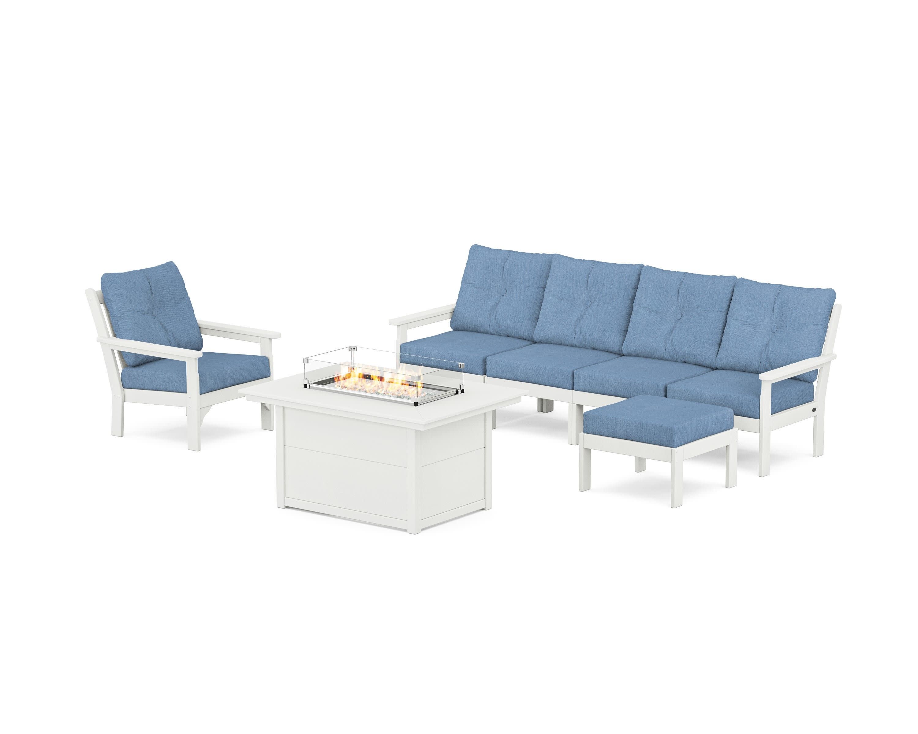 Vineyard Sectional Lounge and Fire Pit Set in Vintage White / Sky Blue