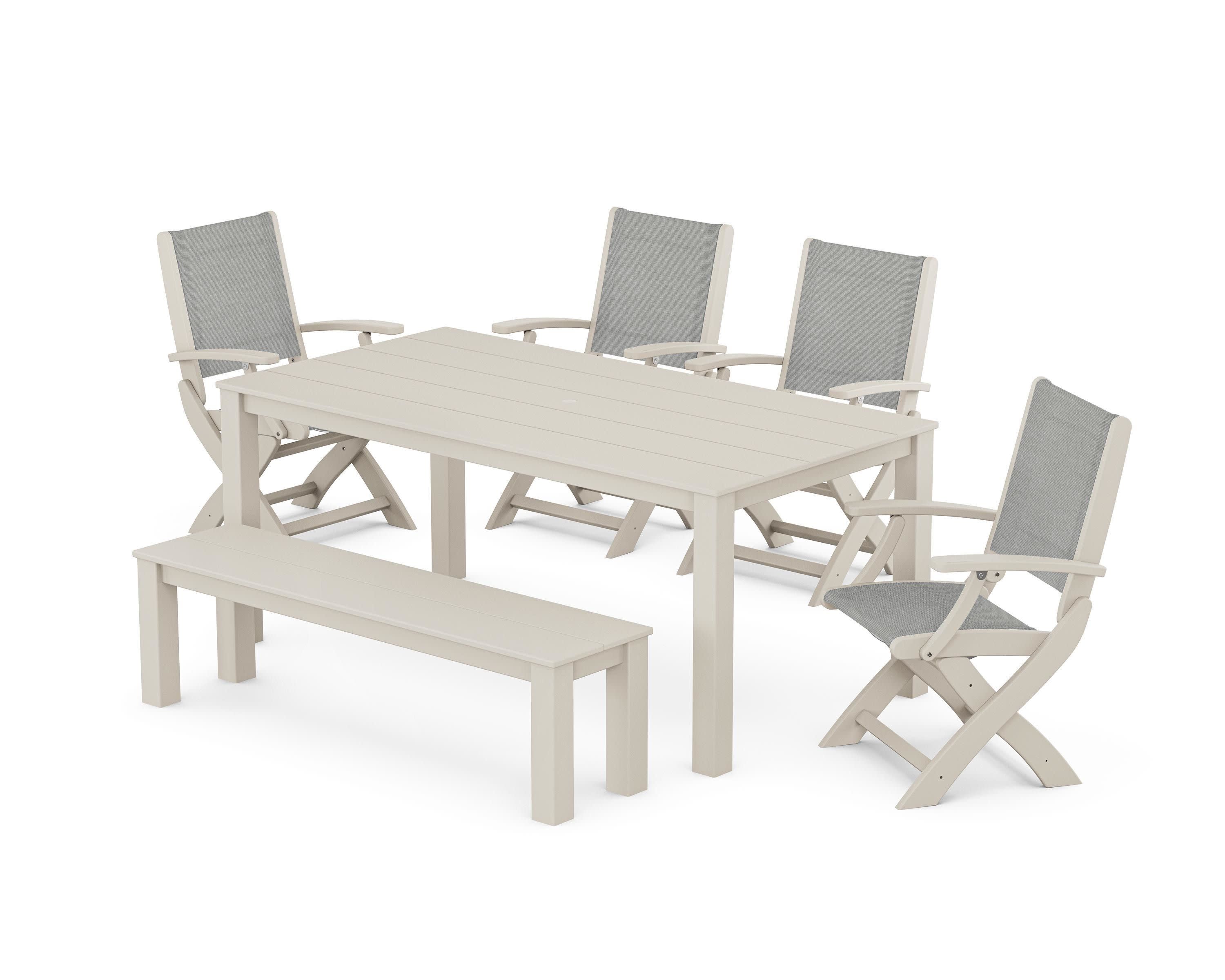 Coastal Folding Chair 6-Piece Parsons Dining Set with Bench in Sand / Metallic Sling