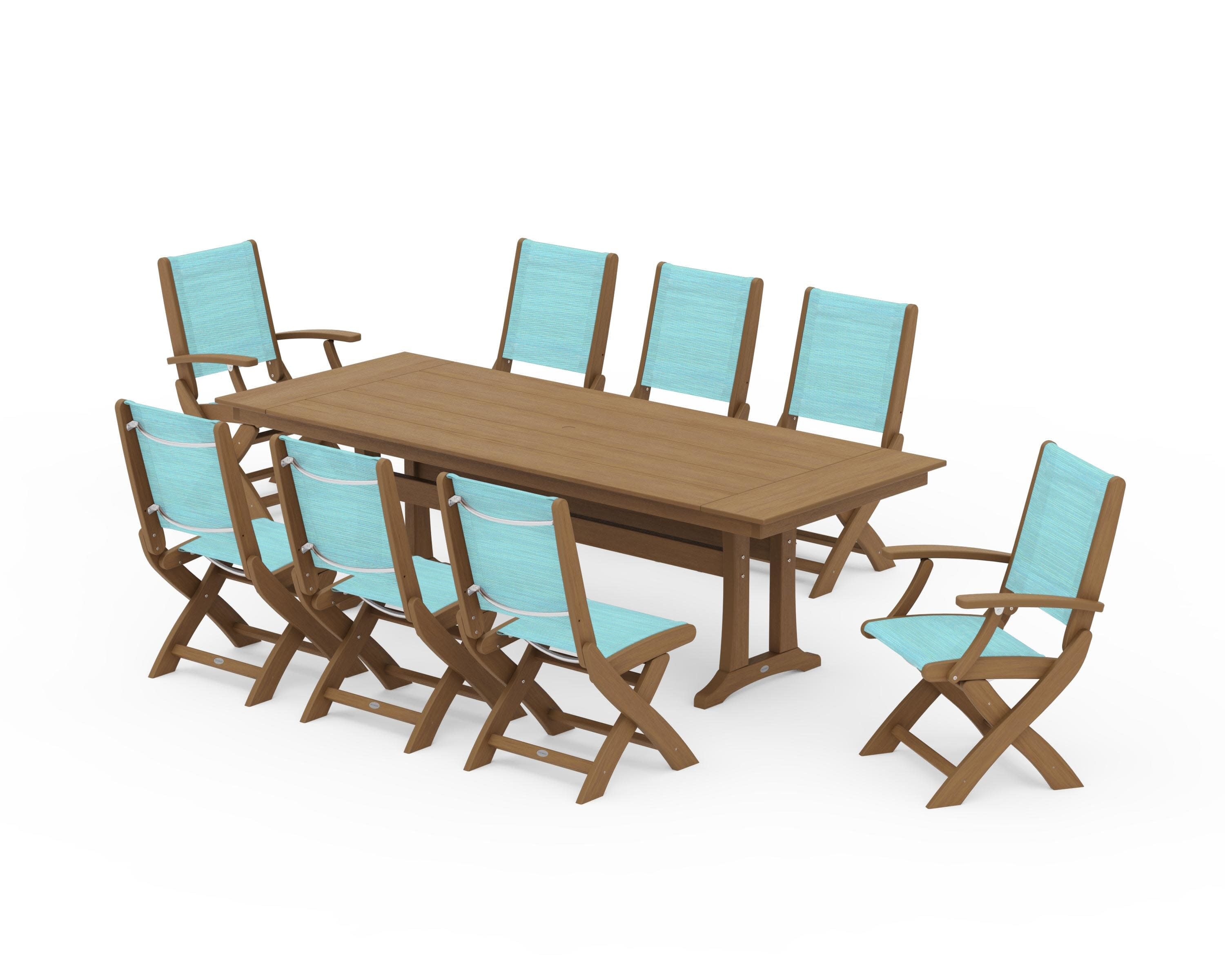 Coastal 9-Piece Folding Dining Chair Farmhouse Dining Set with Trestle Legs in Natural / Dupioni Aquamarine Sling