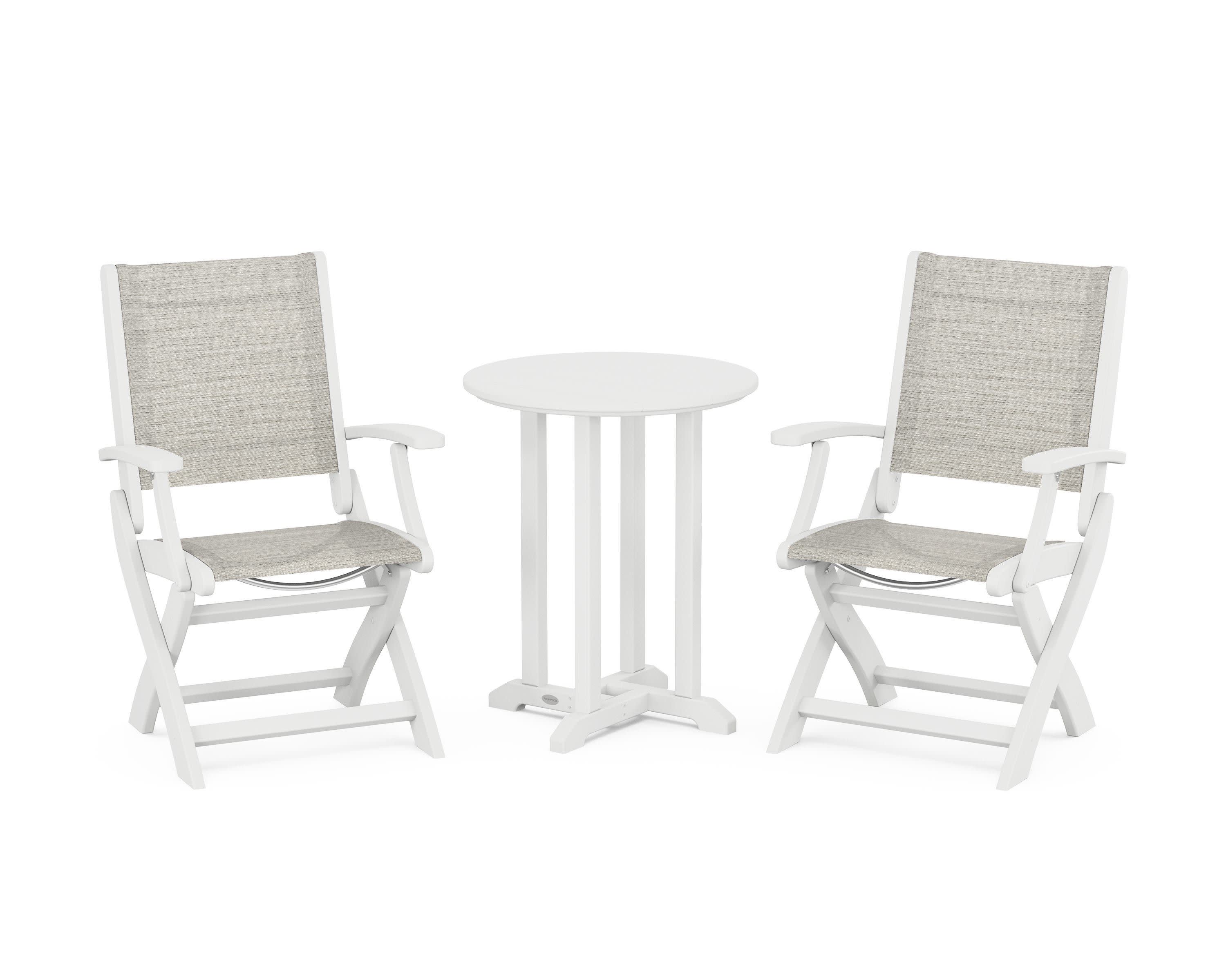 Coastal Folding 3-Piece Round Bistro Dining Set in White / Birch Sling