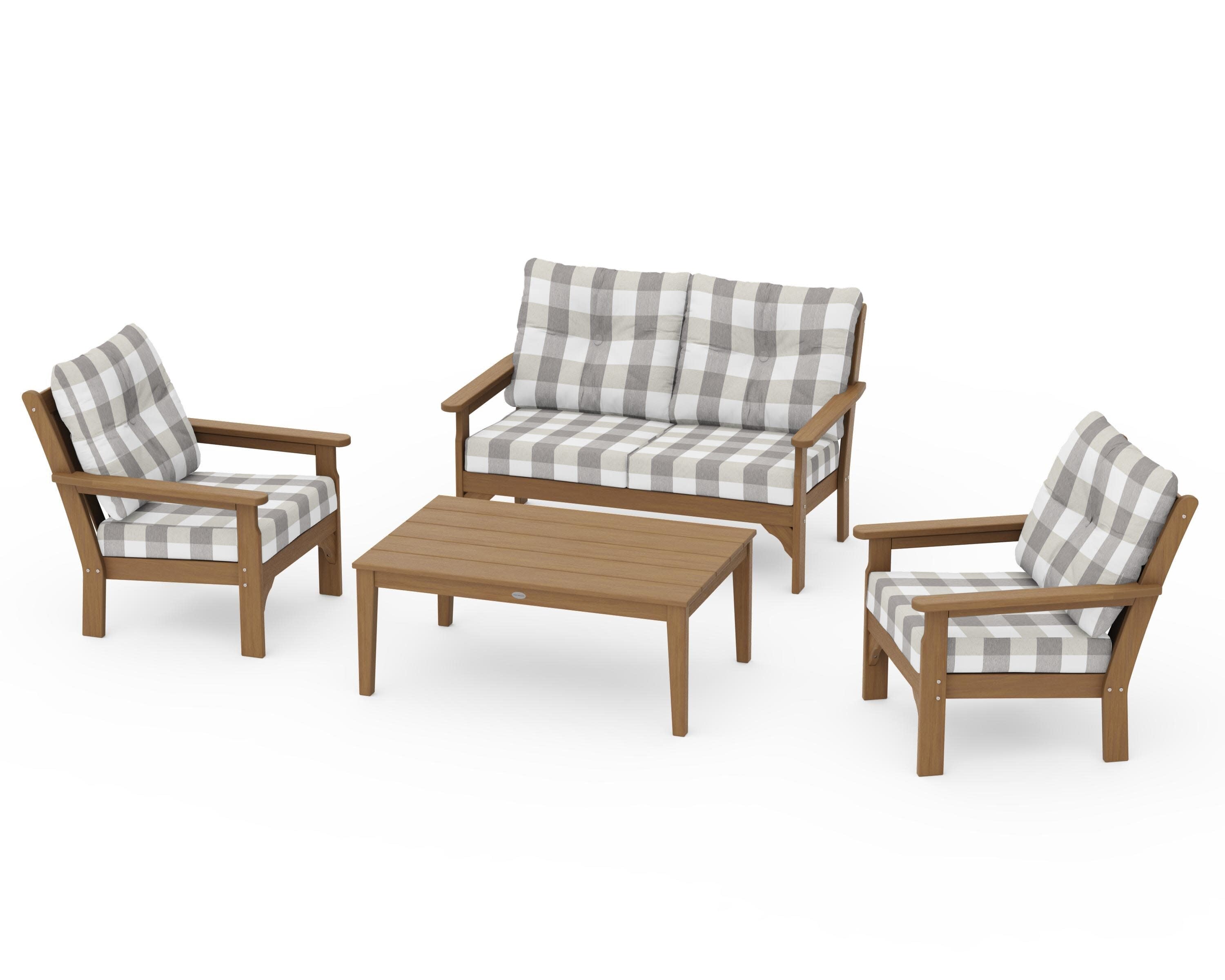 Vineyard 4-Piece Deep Seating Set in Natural / Buffalo Plaid Grey Mist
