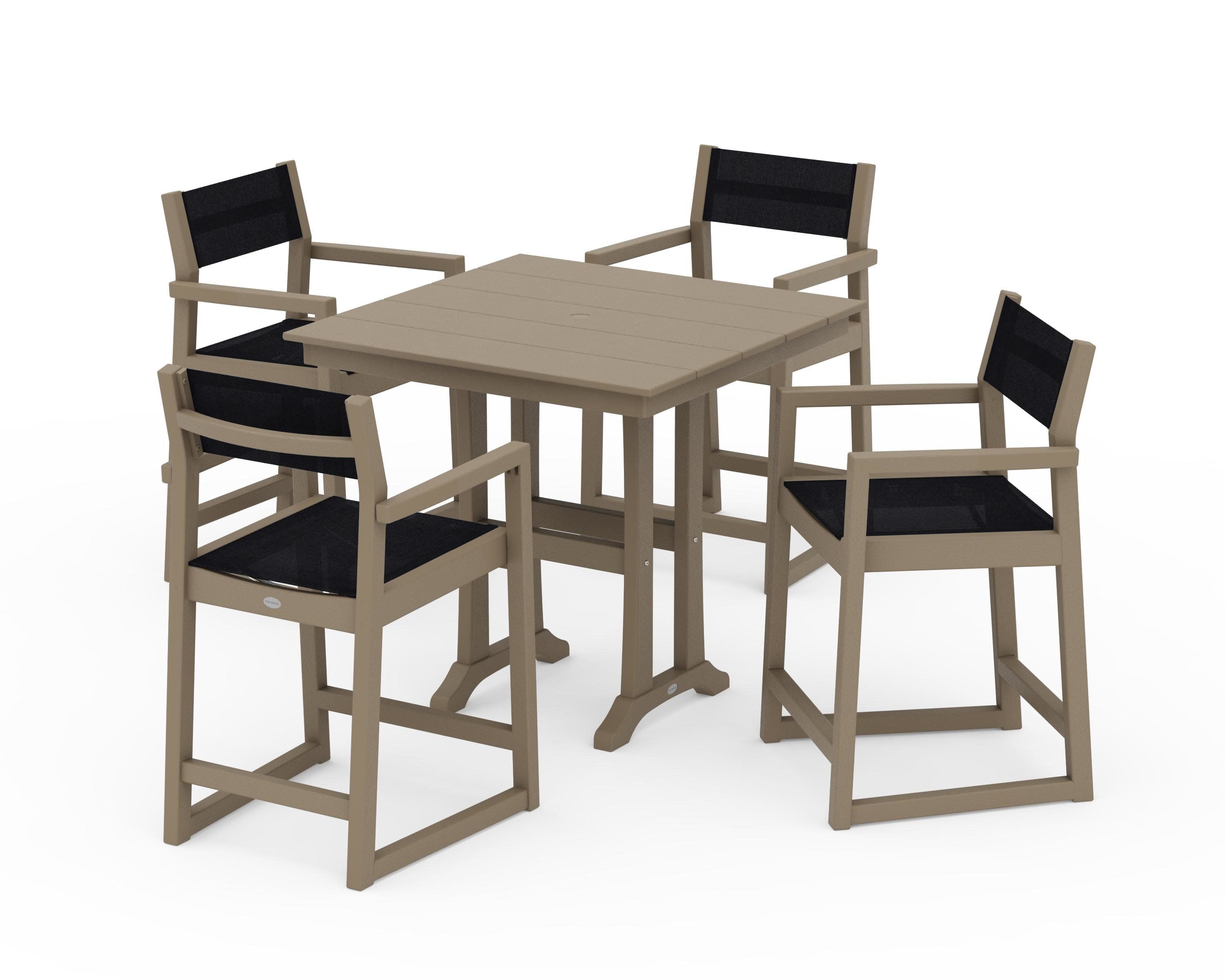 EDGE Sling Arm Chair 5-Piece Farmhouse Counter Set with Trestle Legs in Vintage Sahara / Black Sling